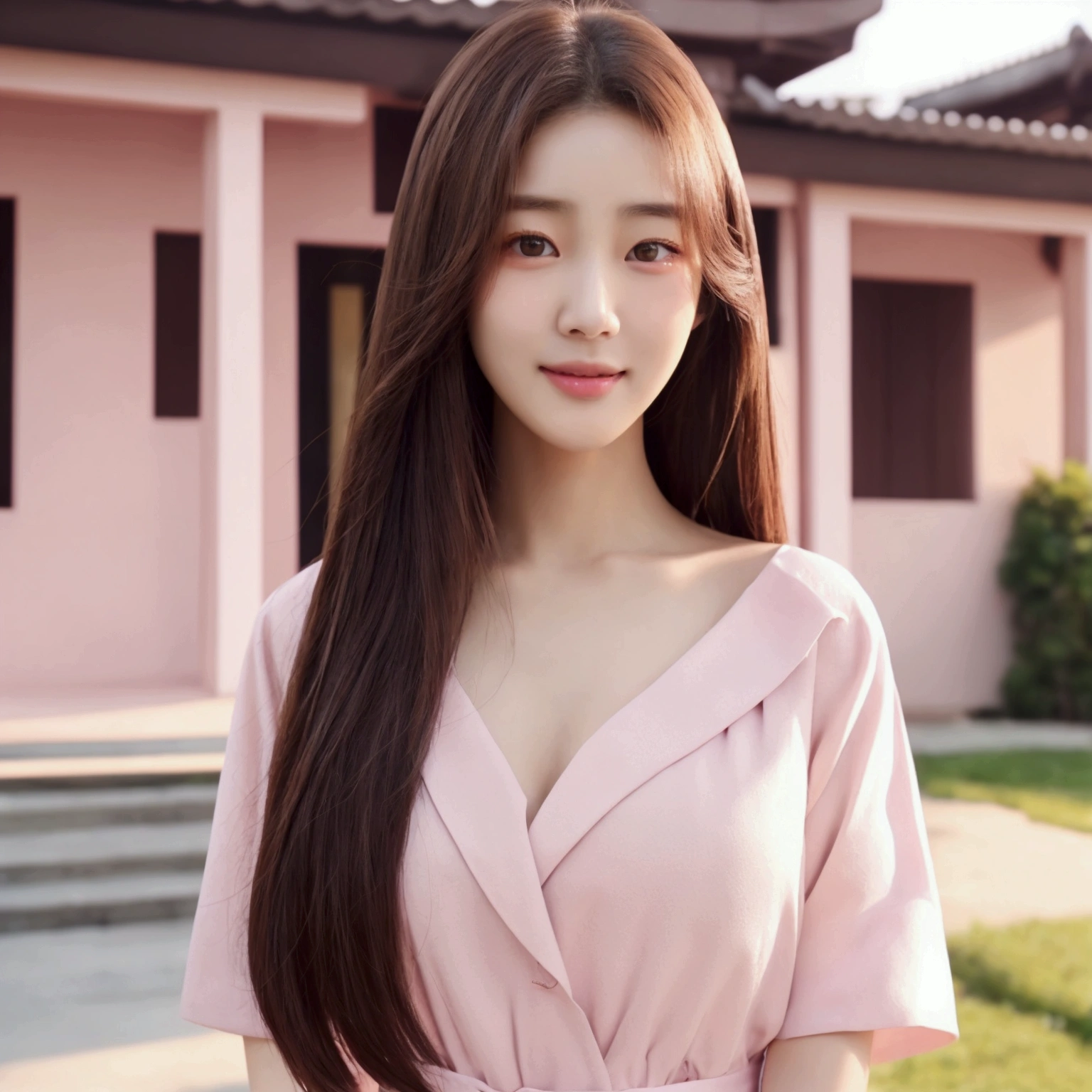 a young adult girl with Korean features,Their eyes are almond-shaped and expressive, with honey-colored irises. She has flawless skin and a captivating smile, long, straight dark brown hair,pink chic clothing style,She's in front of her new house, Realist