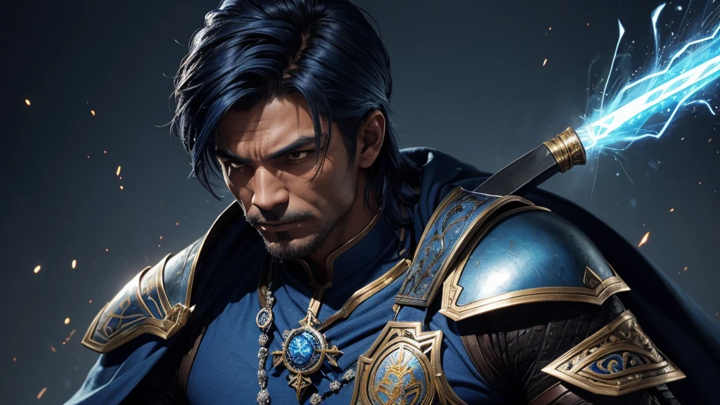 A person wearing blue clothing、Man holding a big knife,Background with sparks muscular but agile hair: Dark Brown, Short-sighted: Piercing blue Skin: weathered, Armor with scars: Unique, Holy Aura, Silver and gold trim, Complex symbols of Cape Alkay: long, flow, blue, Phnom Penh, Arkay Badge Appearance: Ethereal