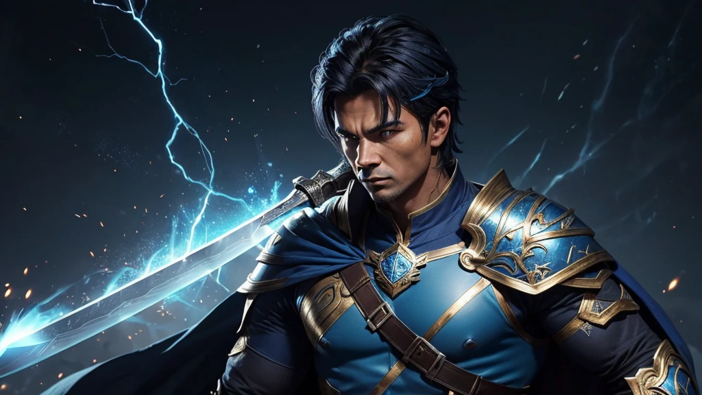 A person wearing blue clothing、Man holding a big knife,Background with sparks muscular but agile hair: Dark Brown, Short-sighted: Piercing blue Skin: weathered, Armor with scars: Unique, Holy Aura, Silver and gold trim, Complex symbols of Cape Alkay: long, flow, blue, Phnom Penh, Arkay Badge Appearance: Ethereal