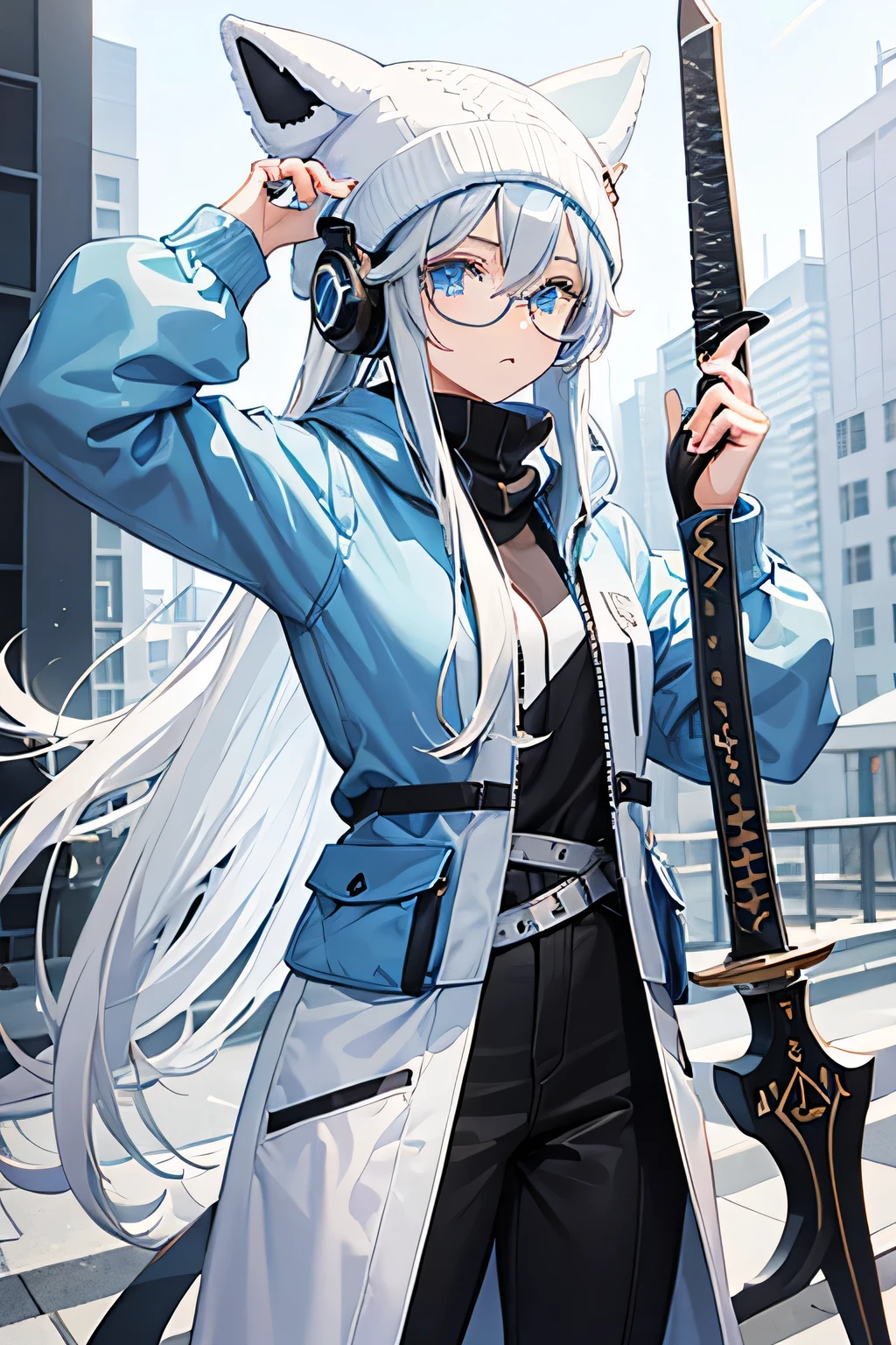 1female, pastel blue eyes, white long hair, casual y2k clothing, gray beanie and headphones, high quality, square glasses, holding sword