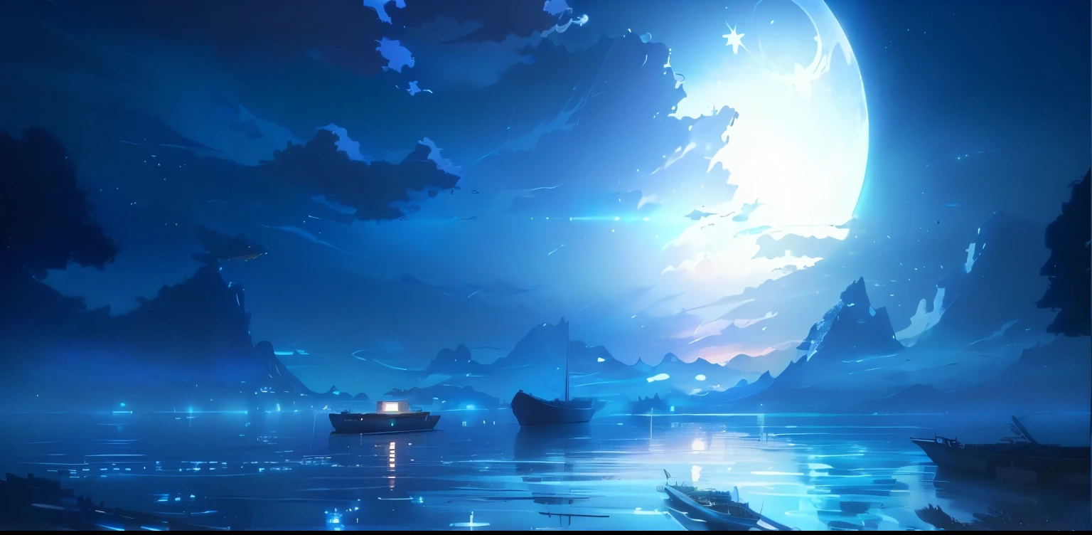 there is a boat floating on the water in the moonlight, anime landscape wallpaper, makoto shinkai cyril rolando, wallpaper anime blue water, anime beautiful peace scene, calm night. digital illustration, anime landscape, blue sea. by makoto shinkai, beautiful anime scenery, inspired by Andreas Rocha, inspired by Makoto Shinkai, 4 k hd illustrative wallpaper