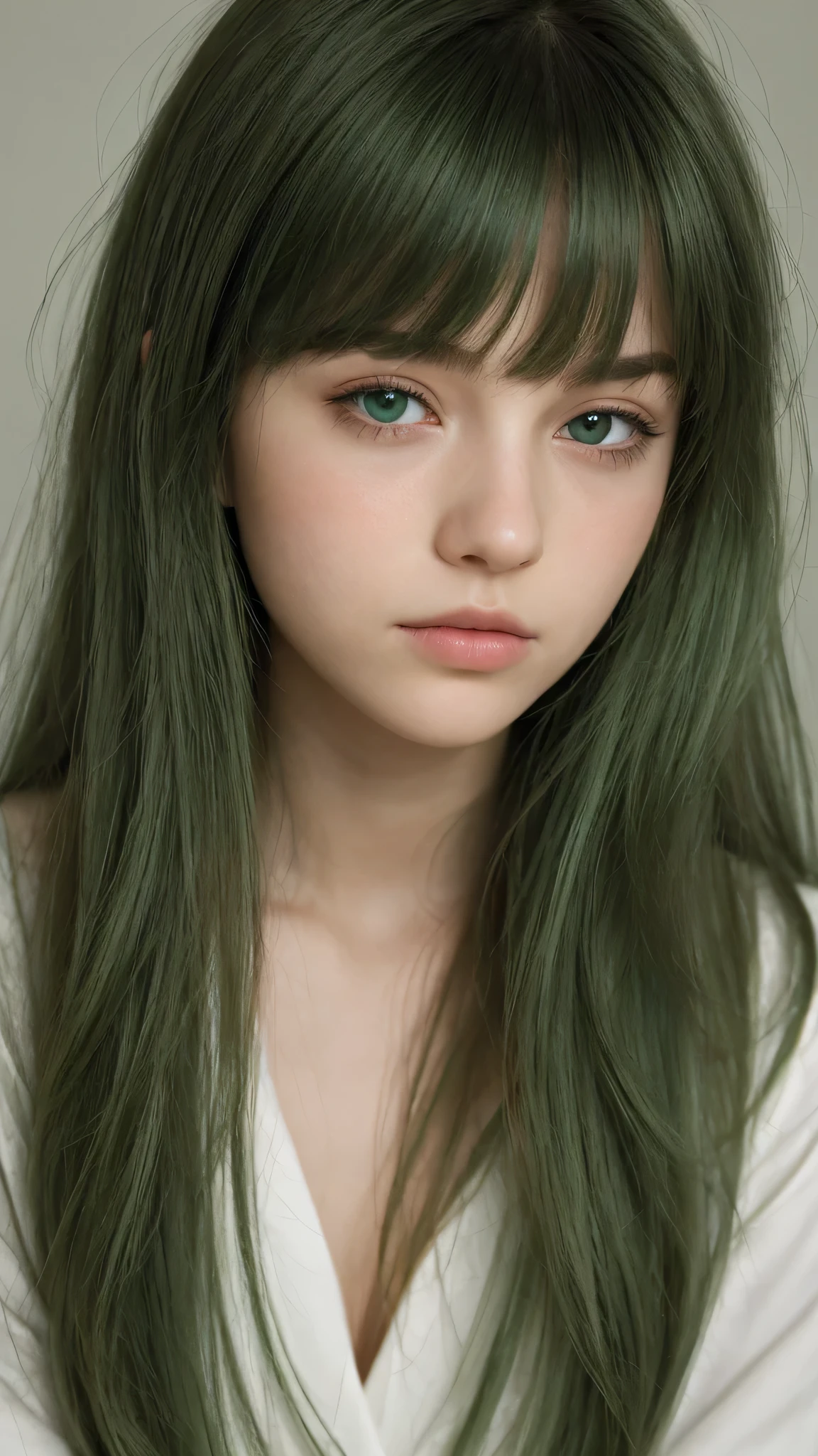 a girl. Europe. Extremely detailed face. Oval face. delicate facial features. half-closed eyes. long straight hair. messy hair. bangs. green hair. green eyes. Sad. shy. straight face