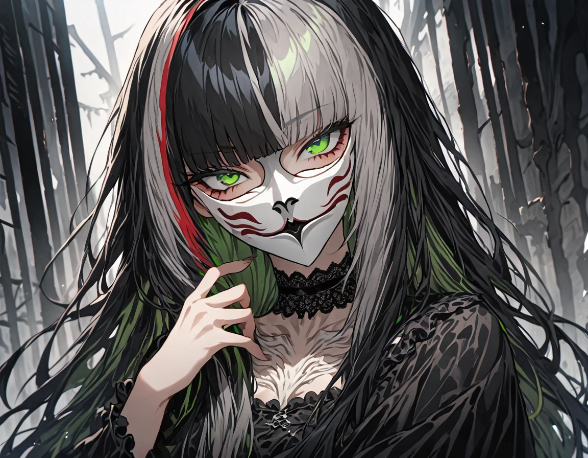 best quality,ultra detailed,extremely detailed and beautiful,perfect anatomy,perfect hands, (juufuutei_raden:1.3), (1 girl,solo),green eyes ,black hair,streaked hair,two-tone hair, grey hair, multicolored hair,long hair ,black choker , lace-trimmed choker, black frilled dress ,gothic dress ,noh mask,holding mask,