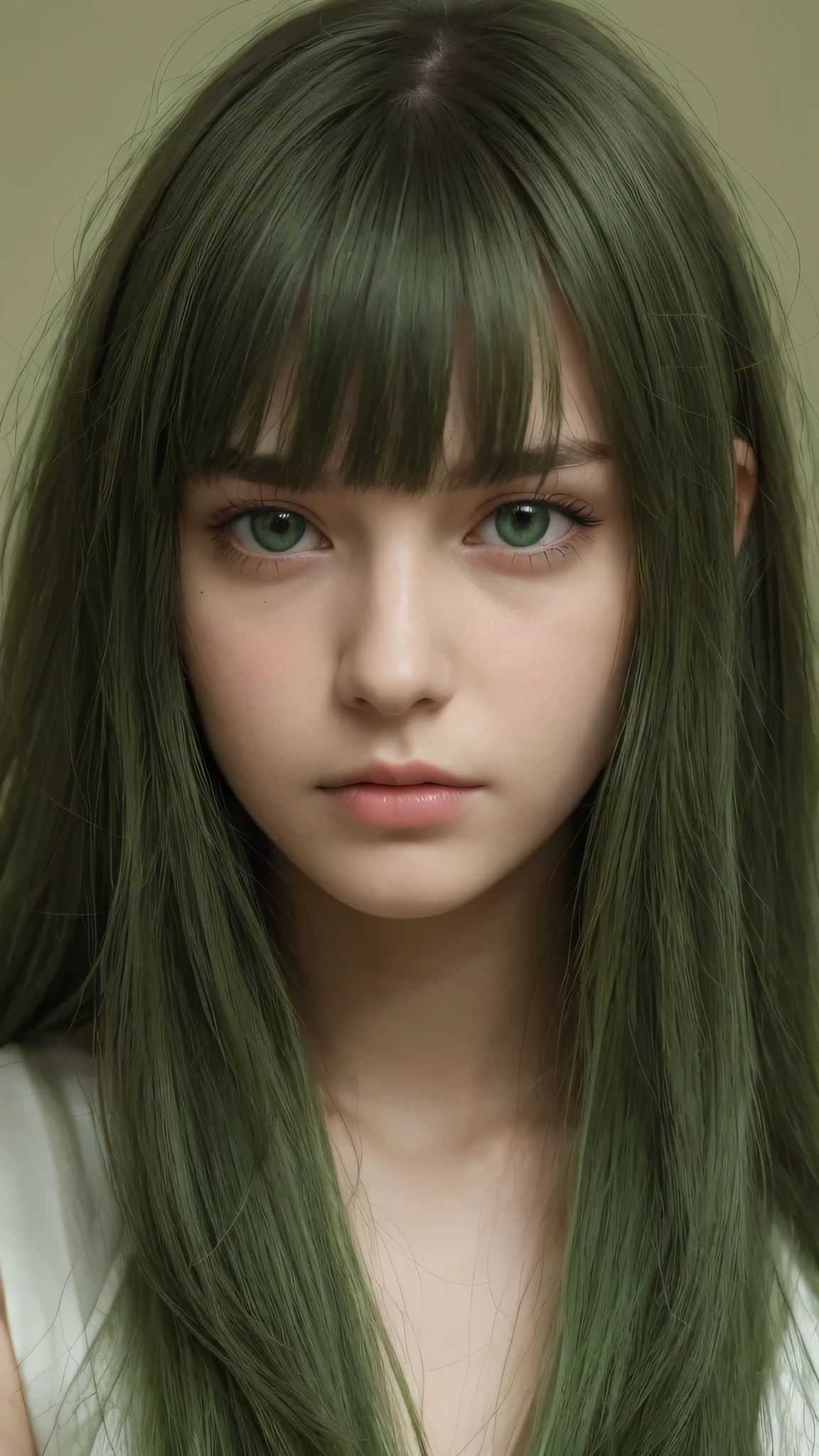 a girl.  Europe.  Extremely detailed face.  Oval face.  delicate facial features.  half-closed eyes.  long straight hair.  messy hair.  bangs.  green hair.  green eyes.  Sad.  shy.  straight face