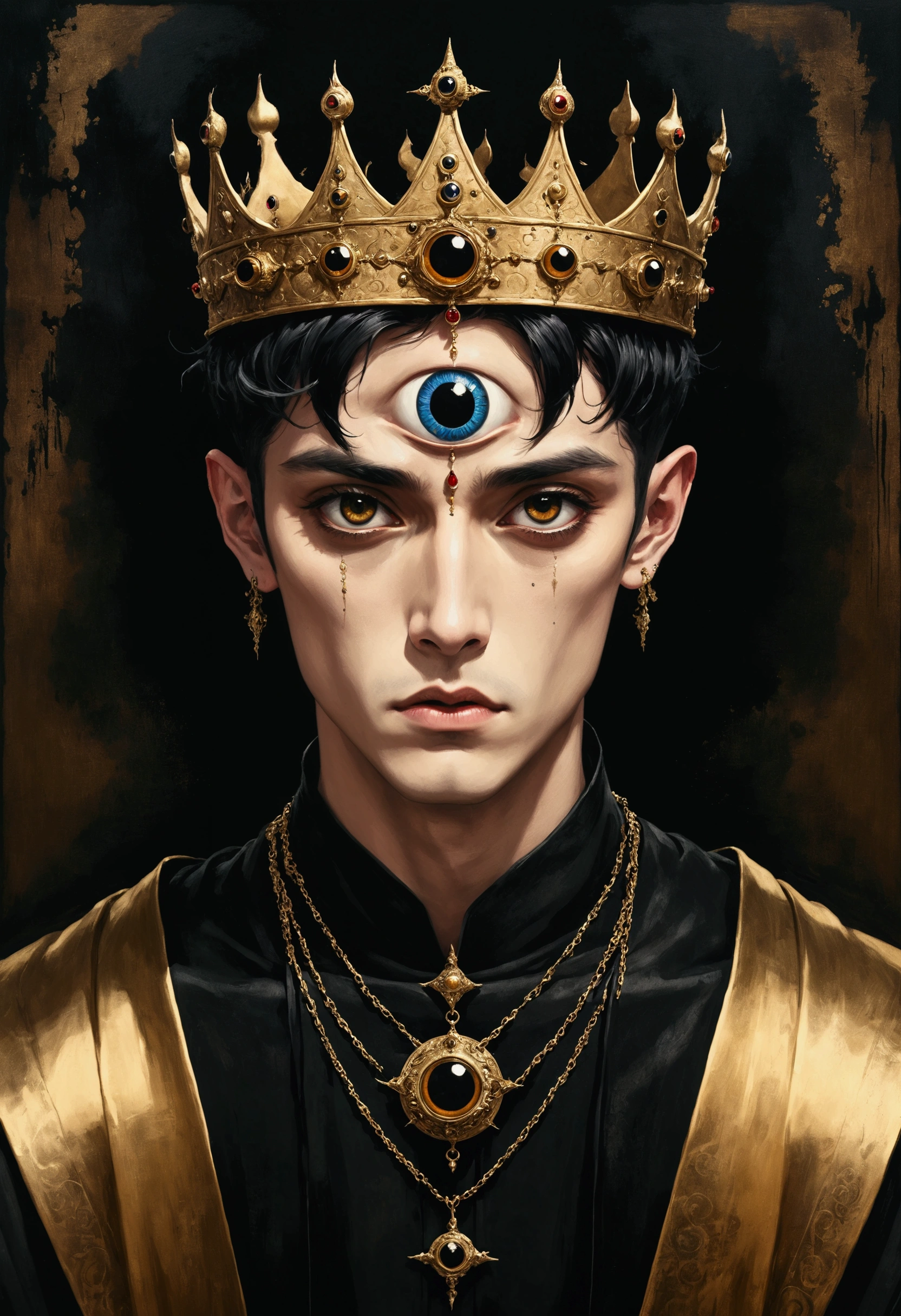 Medieval ink painting,Third Eye Vision。3d,crown,short hair,male,Dark eyeshadow,robe,whole body,Wide Angle,black and gold,Metal