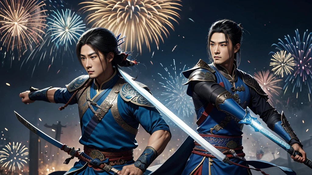 A person wearing blue clothing、man holding sword, Background with fireworks heise jinyao, zhao yun, xianxia hero, Inspired by Huang Shen, author:Yang J, G Liulian art style, Inspired by Li Kan, inspired by Guan Daosheng, Inspired by Shen Zhou, Yang Qi, Ruan Jia and Artgerm