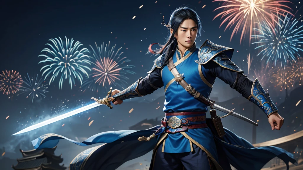 A person wearing blue clothing、man holding sword, Background with fireworks heise jinyao, zhao yun, xianxia hero, Inspired by Huang Shen, author:Yang J, G Liulian art style, Inspired by Li Kan, inspired by Guan Daosheng, Inspired by Shen Zhou, Yang Qi, Ruan Jia and Artgerm