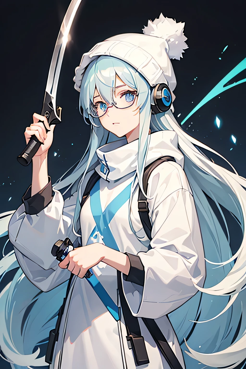 1female, pastel blue eyes, white long hair, casual y2k clothing, gray beanie and headphones, high quality, square glasses, holding sword