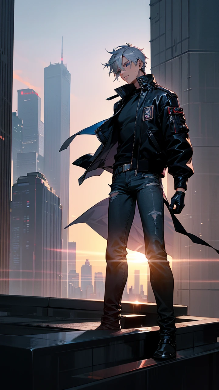 1male, steel gray hair, cropped short, piercing blue eyes, determined expression, sleek black bomber jacket, dark jeans, black leather gloves, city rooftop background with distant skyscrapers and a sunset, detailed face, hands to side, standing on path