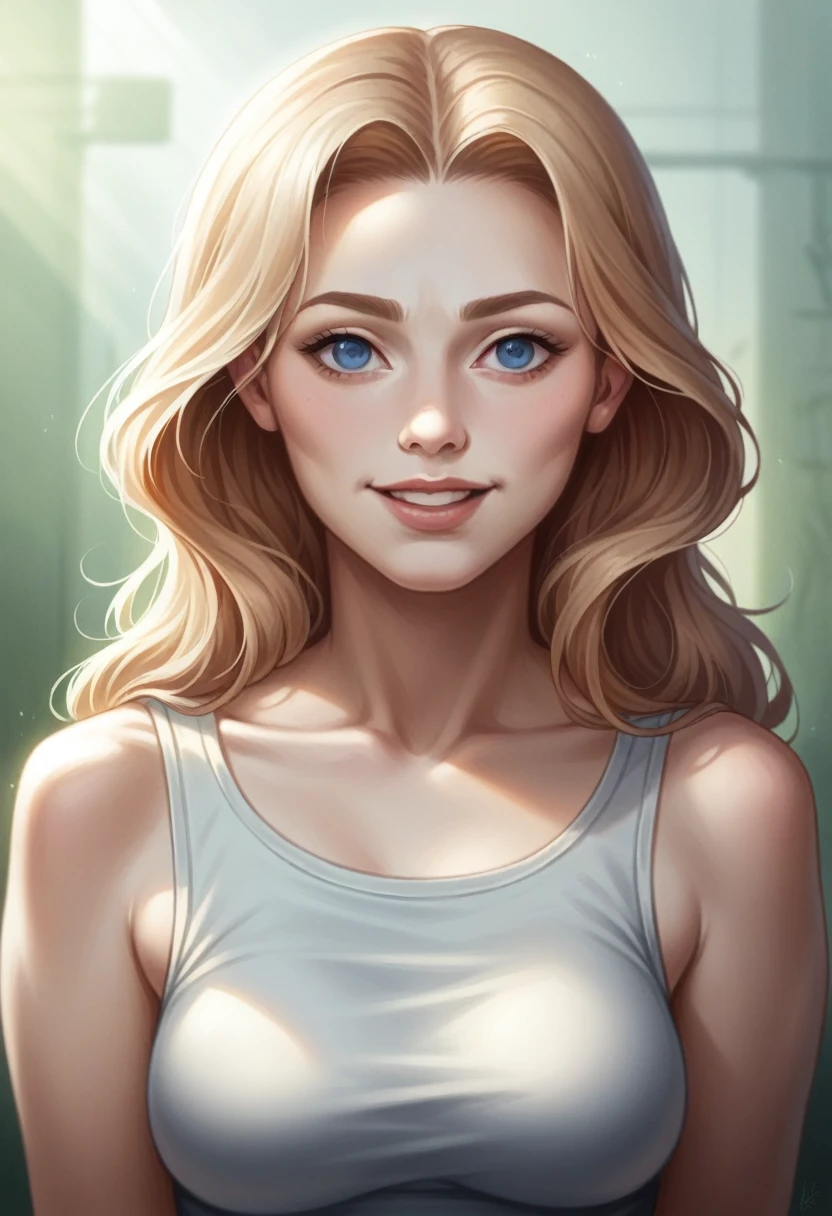 close-up portrait, Surreal, amazing quality, masterpiece, Best quality, amazing, inspiring, light smiling cheerful woman with light brown hair, hair neatly styled and reaching to the shoulders. Hair is parted in the center. The woman has fair hair, almond-shaped blue eyes, with well-defined eyelids. Oval shaped face with soft features, fair skin with even tone. Cheeks are slightly rounded with natural skin tone. Straight eyebrows of medium thickness, well defined and consistent with hair color. Nose straight, middle length, with a smooth transition to the tip. Medium full lips, natural pinkish tint, With a slight smile. Cinematic composition, soft shadows, Atmospheric haze, granularity, cinematic film yet, shallow depth of field, very detailed, high budget, synoscope, capricious, epic. Vintage photo from the 2000s in RAW format, photorealistic, hidden camera, color cinematographic film, Atmospheric lighting, natural, shallow depth of field.