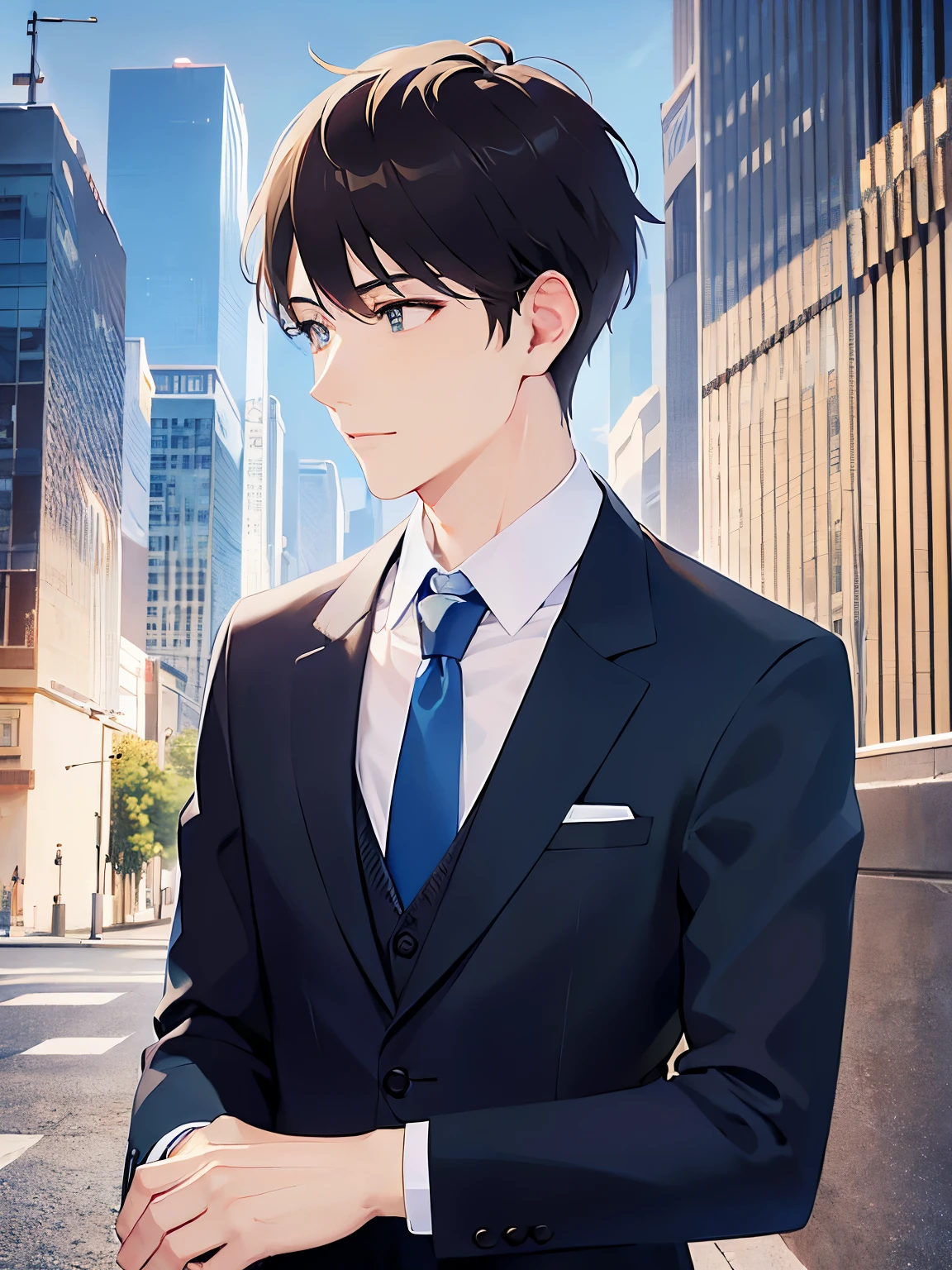 side angle, (looking away:1.5), upper body、shiny skin, masterpiece、Highest quality、(25-year-old male:1.5) and (Brown short hair) and (Green Eyes), (Wearing a suit:1.3) and (Blue tie)、Are standing、smile、The background is a city of buildings、(Alone:1.5)、