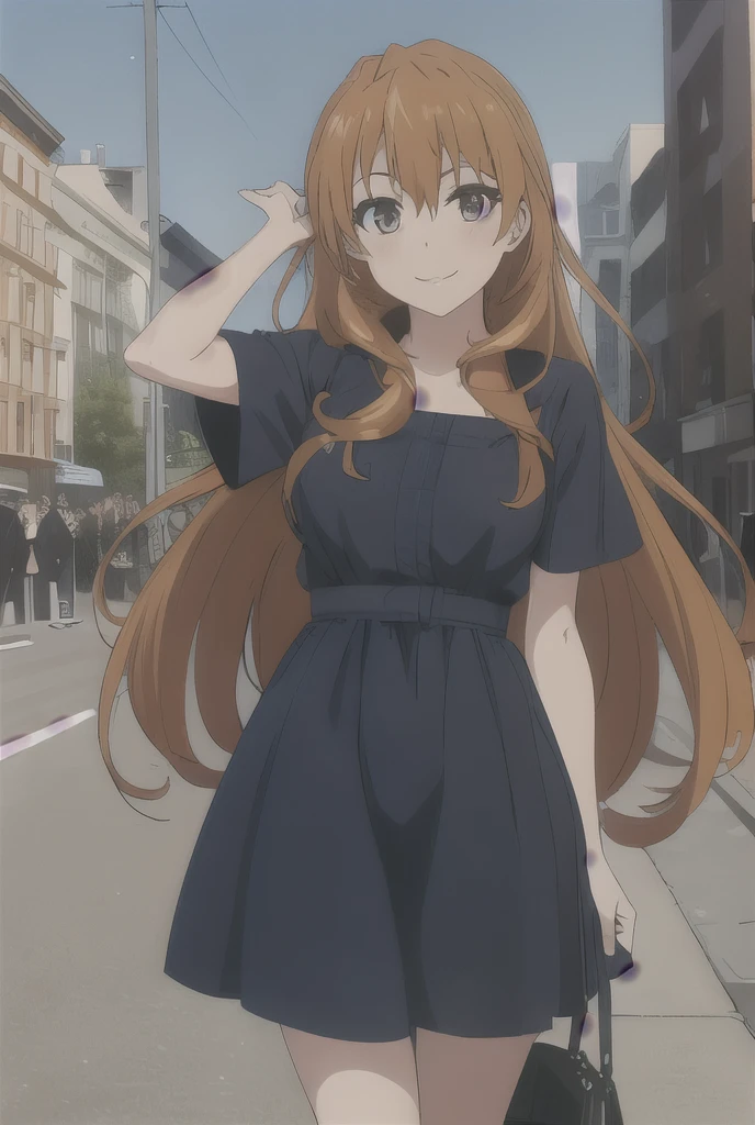 (Best Quality), (masterpiece), kouko_From you, dark orange hair, dark eyes, by the wide, Blue dress, looking at the viewer, smiling, city, sunny, 