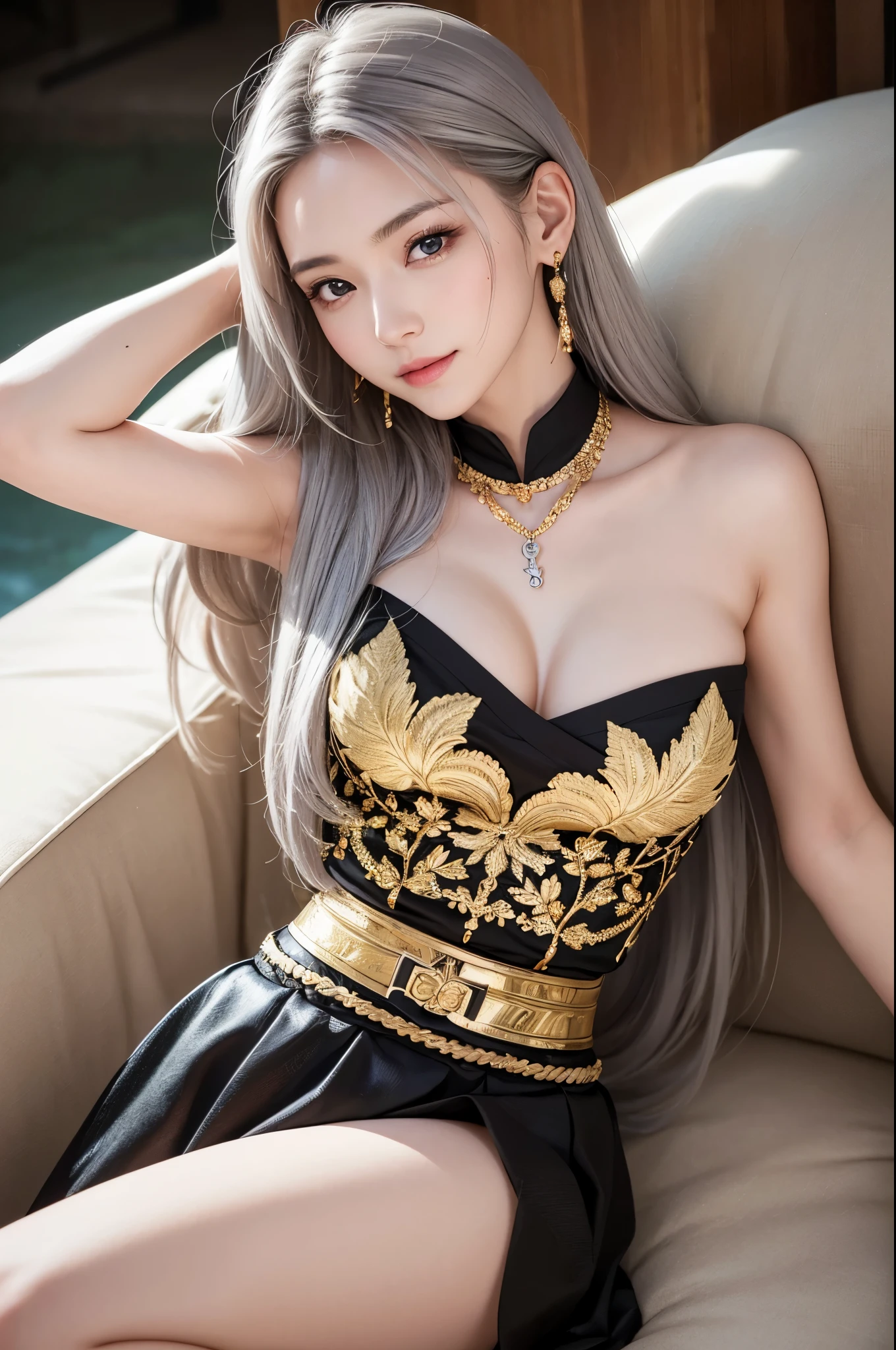 (8k,Realistic RAW Photos Highest quality;1.4) 1woman) 美しいSilver Hairの女神 (Lively Faces) (Tabletop, Highest quality, Realisticです, High resolution, :1.3), closeショット, Sharp focus, 1 カールしたSilver Hairのwoman, ヨーロッパ系woman, Hot Model, abdomen, Very detailed eyes with golden pupils, Realistic skin, Slim figure, Perfect body, Very large breastsには谷間がある, Very Fine Hair, Delicate and sexy face, sensory gas, Glossy Lips, ((She wears a beautiful black and gold outfit with a black skirt and gold embroidery。.,Wear a pendant)), Outdoor, ((Realistic, 超Realistic, realism, Realistic詳細)) Beautiful expression charm (Realistic Skin) 超High resolution 超Realistic Advanced Details grassland, Flowers and beautiful mountains in the distance々々,Purple Earrings,Split Avemar Paladin,woman,超Realisticな肌,smile,close,Top View,Rich colors, Backlight, Cinema Lighting, Film Grain, 50mm lens, Nikon D850,超High resolution,Ultra-realistic,Compensate,Super sexy,Silver Hair,Very large breasts,Grace,Sexy pose,