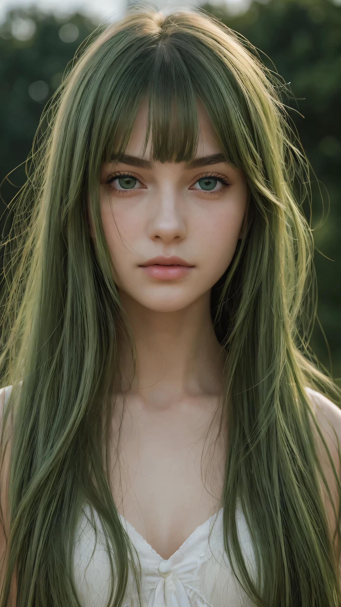 a girl. face sent feeling. Europe. Oval face. long face. delicate facial features. sad eyes. gentle eyebrows. seductively seductive. green eyes. long straight hair. green hair. messy hair. straight face