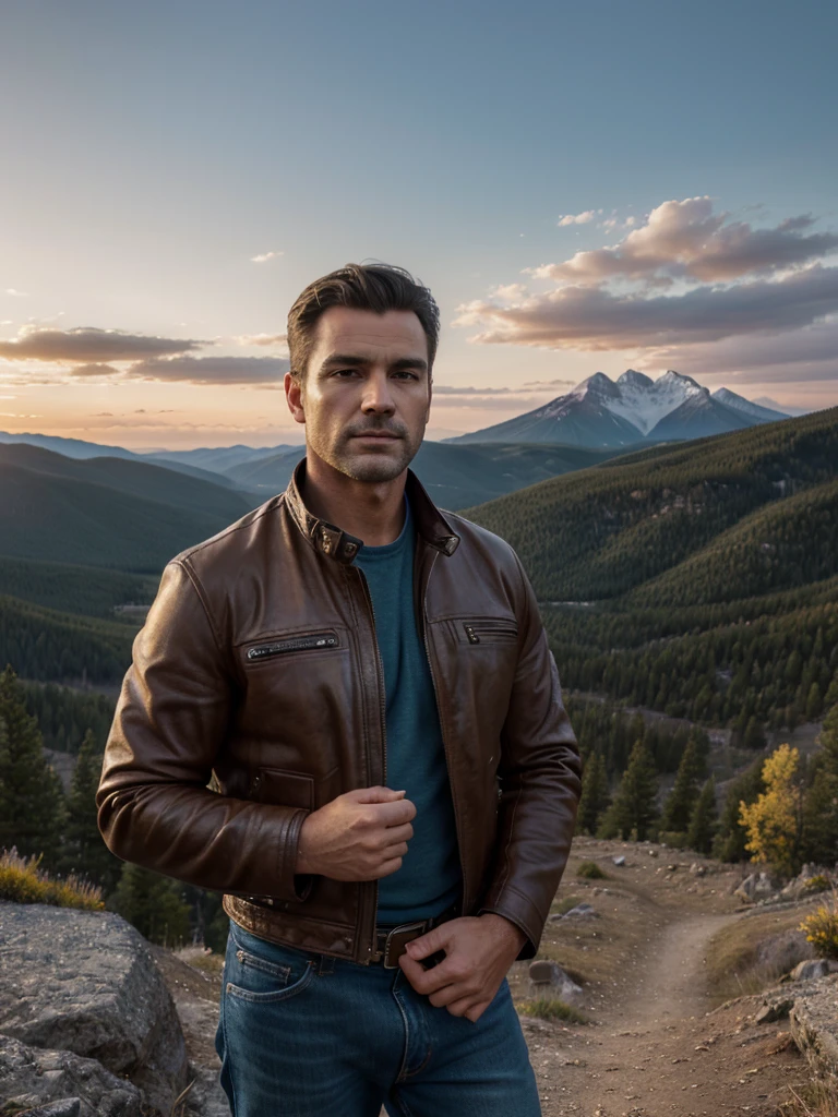  ((masterpiece, high quality, best quality)), (sharp lines:1.2)(clear line:1.2),Realistic, Hyperrealism, lifelike realistic photography, ,  Portrait shot, Realistic, Hyperrealism,  Extremely Detailed Face And skin, Handsome mountain climber man with leather jacket, blue jeans, high boots, rocky mountains, amazing view, woods, springs, sunset, pink clouds, short cut hair, 60 years old. Shaved, 