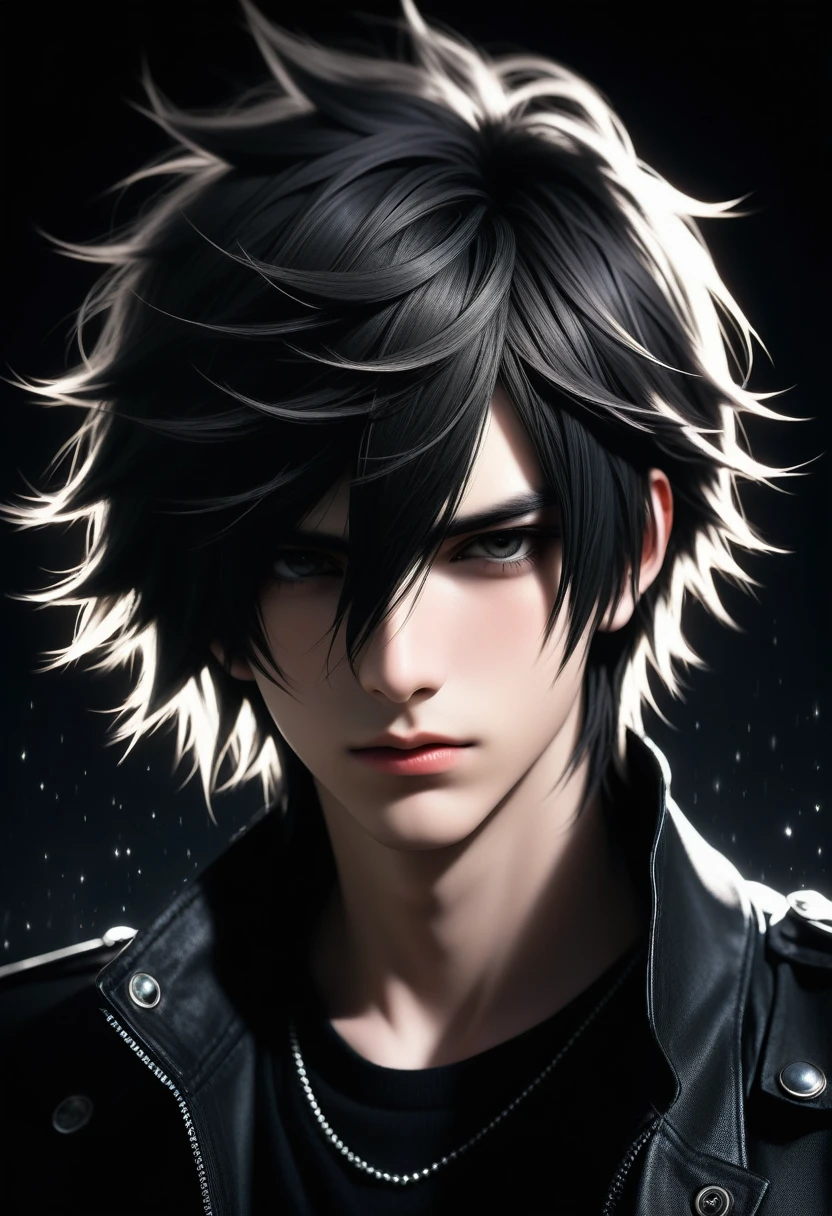 ((vindictive)), ((spoiteful)), An alluring portrayal of a boy with an emo aesthetic, highlighting his gorgeous face against a dark backdrop. His features should exude a sense of mystery and depth, with (messy:1.2) and (tousled:1.1) hair falling over one eye. He is dressed in a classic outfit that complements his style, with a (modern twist:1.1). The image should have a (contrasting:1.2) lighting, emphasizing the contours of his face and creating a captivating interplay of light and shadow. The overall tone should be moody and atmospheric, capturing the essence of his emo persona.