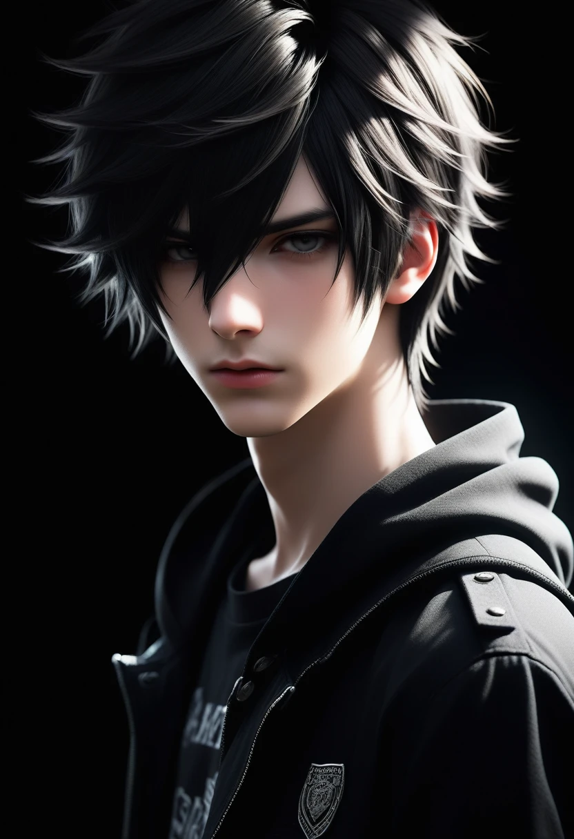 ((vindictive)), ((spoiteful)), An alluring portrayal of a boy with an emo aesthetic, highlighting his gorgeous face against a dark backdrop. His features should exude a sense of mystery and depth, with (messy:1.2) and (tousled:1.1) hair falling over one eye. He is dressed in a classic outfit that complements his style, with a (modern twist:1.1). The image should have a (contrasting:1.2) lighting, emphasizing the contours of his face and creating a captivating interplay of light and shadow. The overall tone should be moody and atmospheric, capturing the essence of his emo persona.