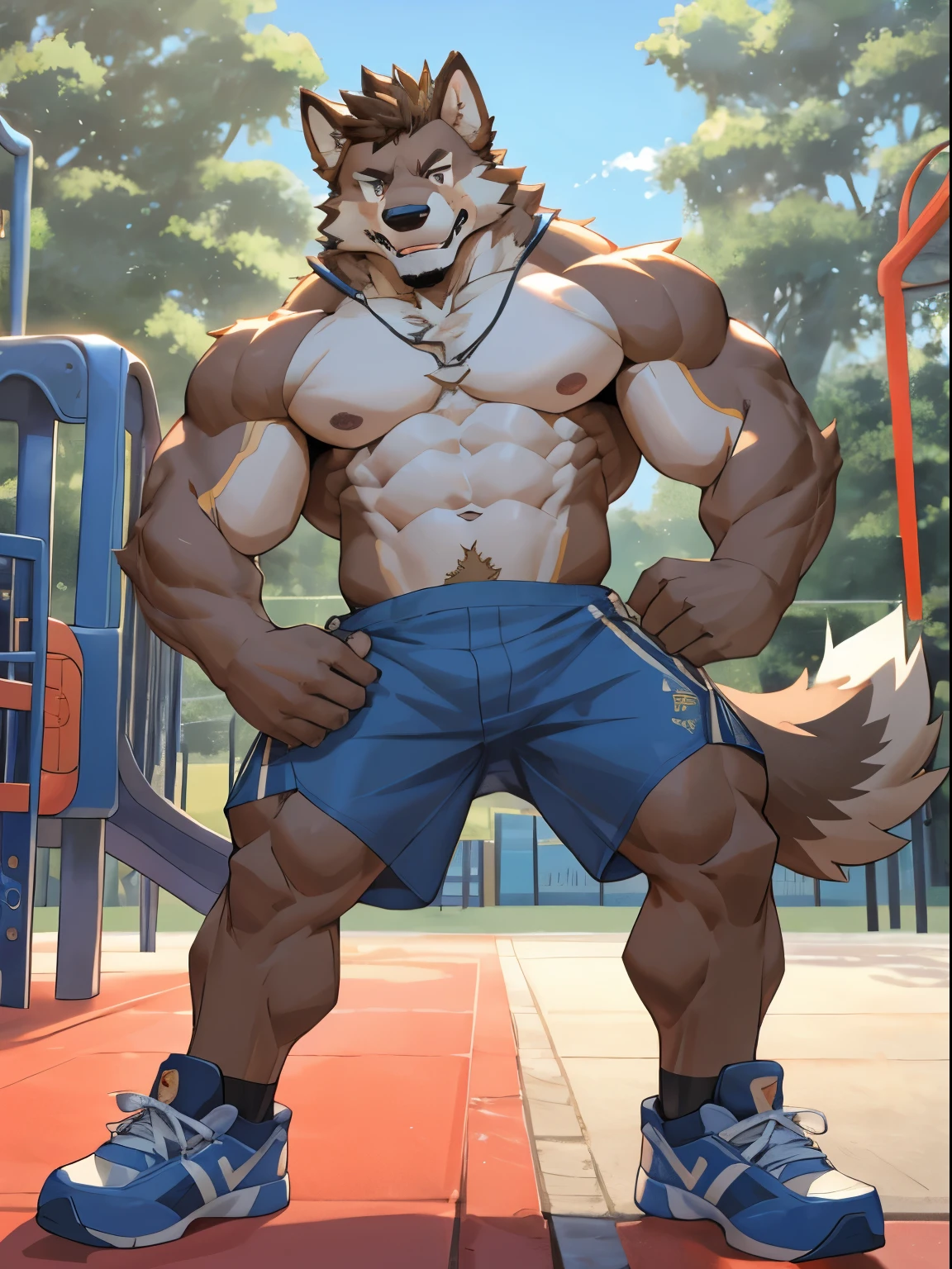 male, muscular, Chinese native dog，Blue short sleeve，Blue shorts，Blue sneakers，Brown eyes，Dark brown hair，Correct ratio，Empty playground，Well-developed abdominal muscles，Crotch protrusion