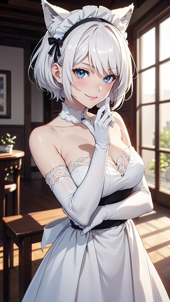 high resolution Best image quality 8K Adult females Anime style White long gloves(Elbow gloves) cuff White maid outfit(Strapless)stocking White wolf ears short hair((shortcut)(White hair)(Perm)(Fluffy)) blue eyes Charming face(Smile) Standing Wave