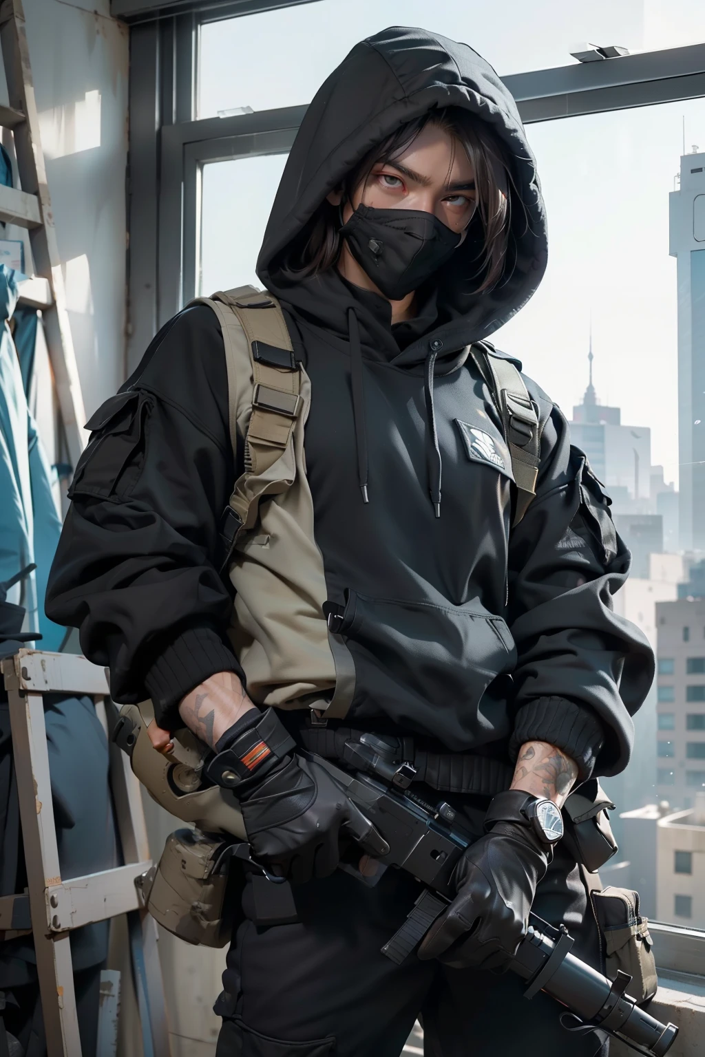 ((best quality)), ((masterpiece)), (detailed), The sniper (movie character), 1man(waering black hoody black suite and masker), male focus, solo, glowing, looking at the window, fingerless gloves, on the window at 13th floor holding a sniper riffles, standby to shoots