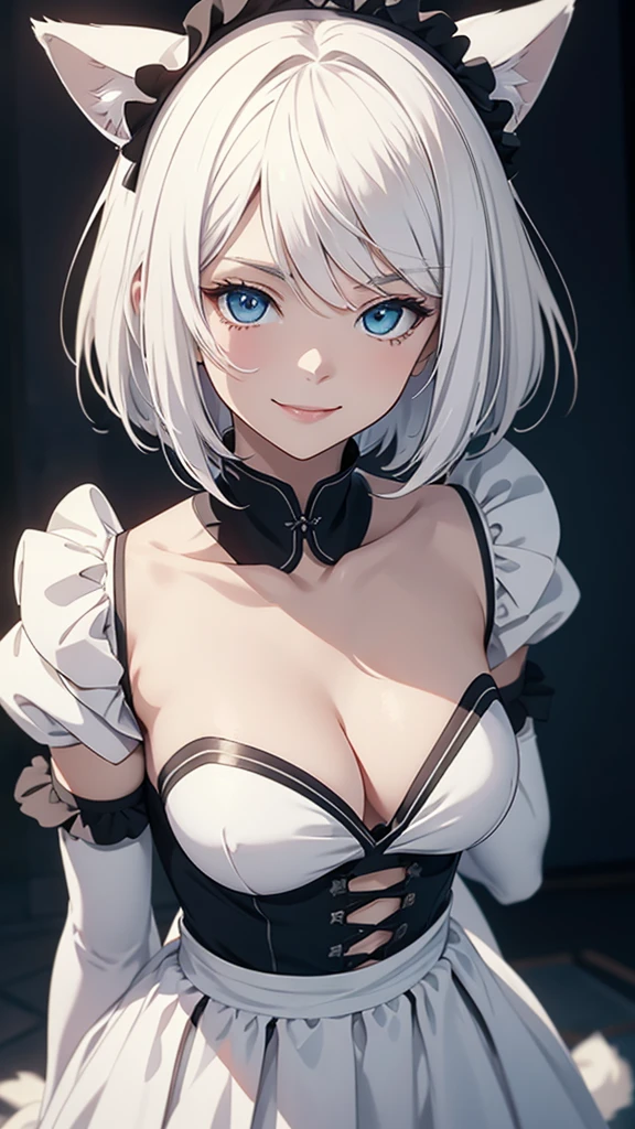 high resolution Best image quality 8K Adult females Anime style White long gloves(Elbow gloves) cuff White maid outfit(Strapless)stocking White wolf ears short hair((shortcut)(White hair)(Perm)(Fluffy)) blue eyes Charming face(Smile) Standing Wave