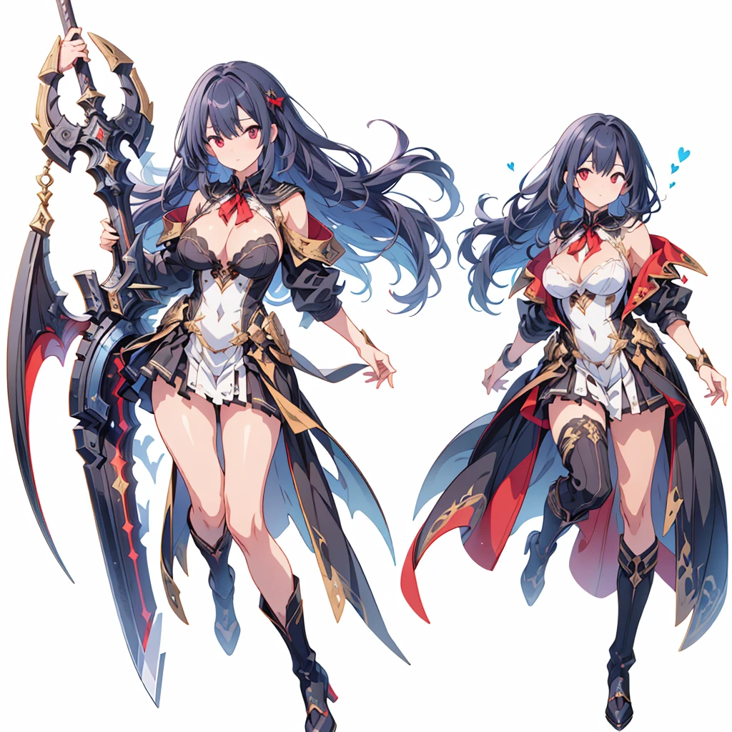 (masterpiece, Highest quality), (Thin Hair), 非常にdetailedな, Anime Style, whole body, alone, Black sailor suit and black pleated skirt, Vampire Hunter、Huge black and red sword、 She has blue and white hair and brown skin, and wears a tattered black cloak and a black and red skirt. 、High Boots,Floating in the blue sky, High heel boots, 8K high resolution, White Background, whole body,Super huge、detailed、dynamic、