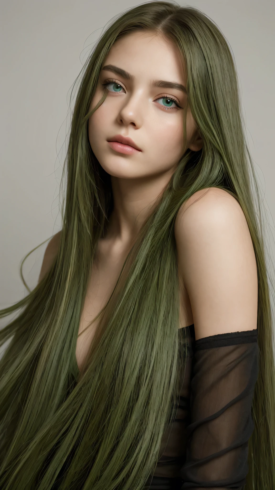 a girl. face sent feeling. Europe. Oval face. long face. delicate facial features. sad eyes. gentle eyebrows. seductively seductive. green eyes. long straight hair. green hair. messy hair. straight face
