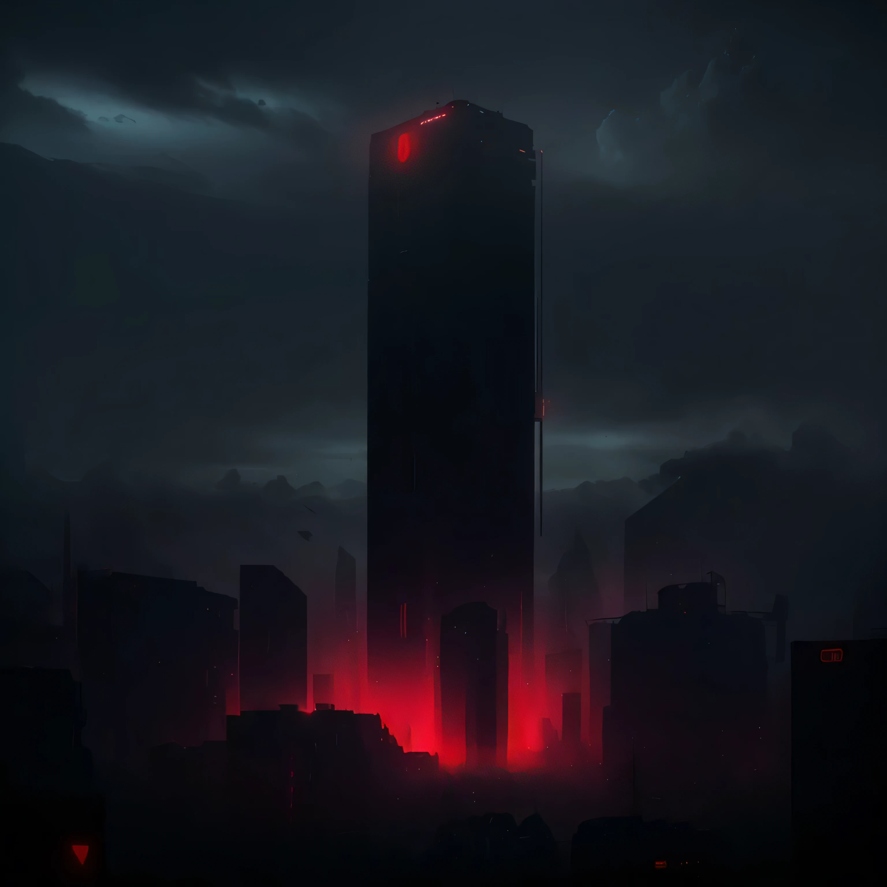 a dark city with a red light shining on it, artem demura beeple, 3 d render beeple, 4 k vertical wallpaper, 4k vertical wallpaper, by Beeple, recusion beeple, 8k vertical wallpaper, 8 k vertical wallpaper, beeple rendering, cinematic beeple, beeple!! сделай здание строго фронтально
