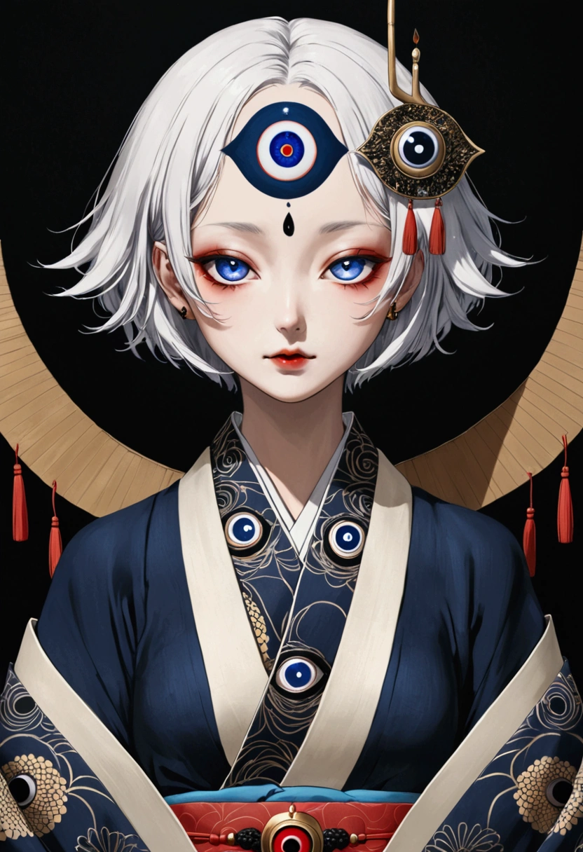 Third Eye Vision。White short hair,3d,Dark eyeshadow,whole body,kimono,Wide Angle,Black and blue