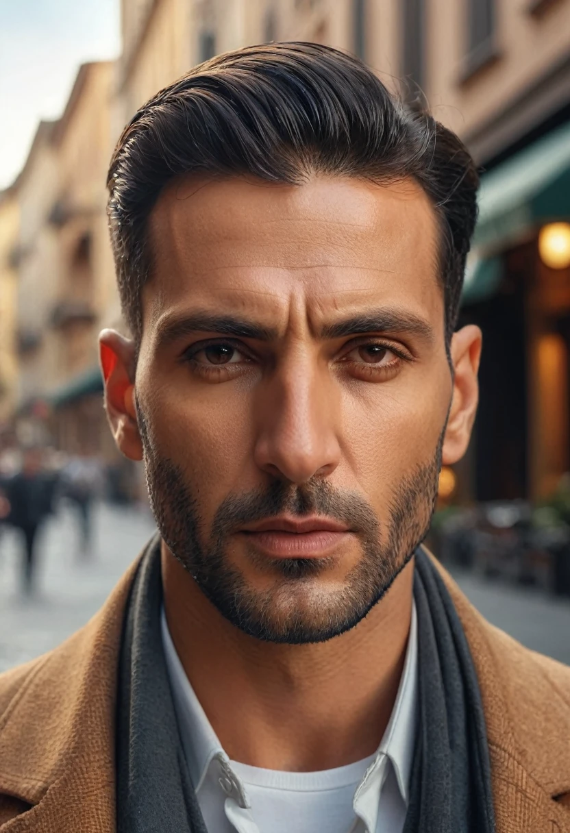 (best quality,4k,8k,highres,masterpiece:1.2),ultra-detailed,(realistic,photorealistic,photo-realistic:1.37),portrait of a man with a hooked nose, aquiline nose, strong facial features, chiseled jawline, intense gaze, dramatic lighting, warm color tones, cinematic composition, dramatic shadows, high contrast