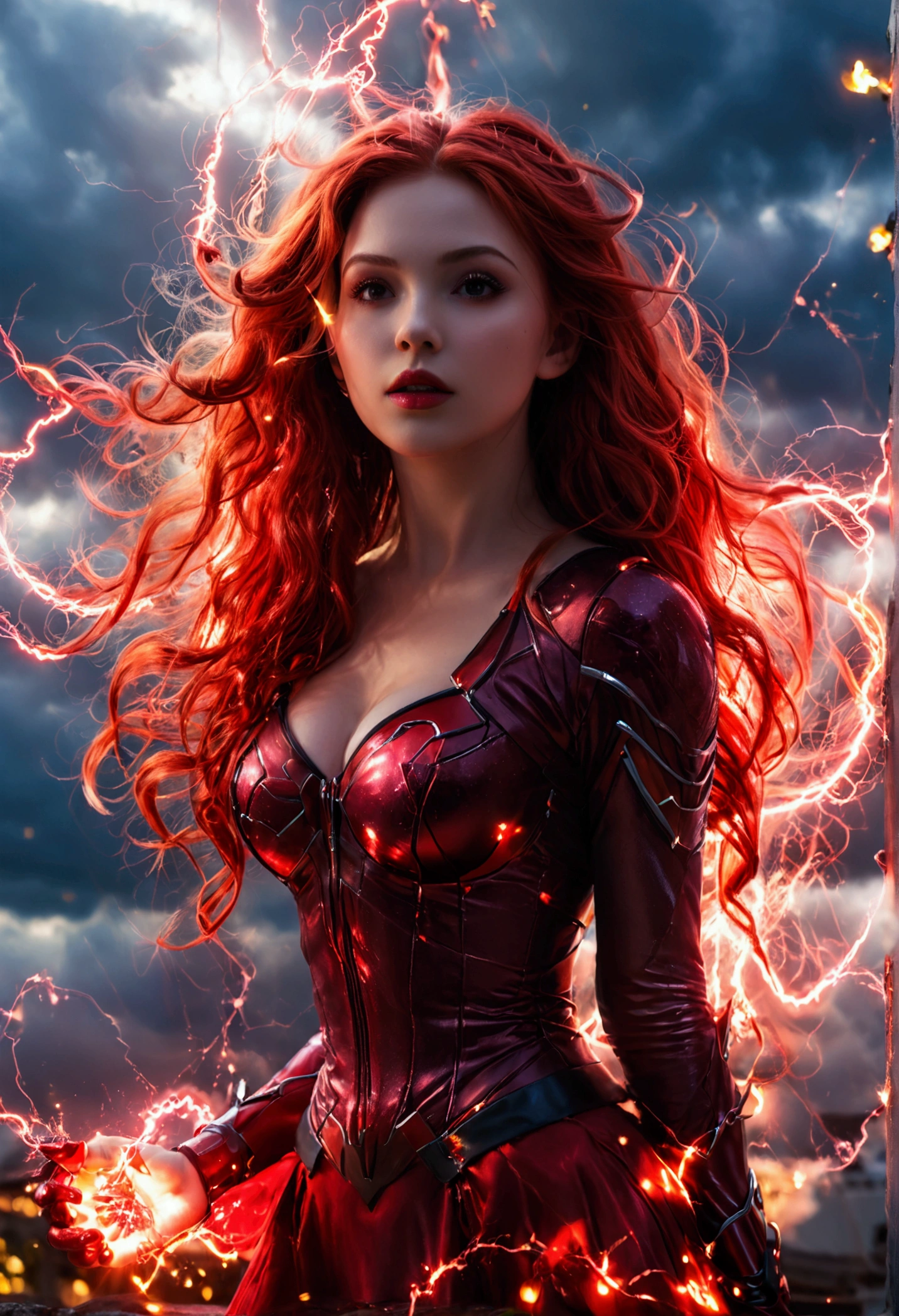ultra realistic, photography, long red hair, girl, 24 years old, hourglass figure, perfect body, Flirty look, extremely detailed artgerm, in the style artgerm, facing the camera, lens 35 mm, blur background, scarlet witch red cosplay, floating in the air, red electric glowing hands, sparkling with red electricity, outside in darkening clouds, clouds with red electricity, full body, full body pic (full body) (full body portrait)