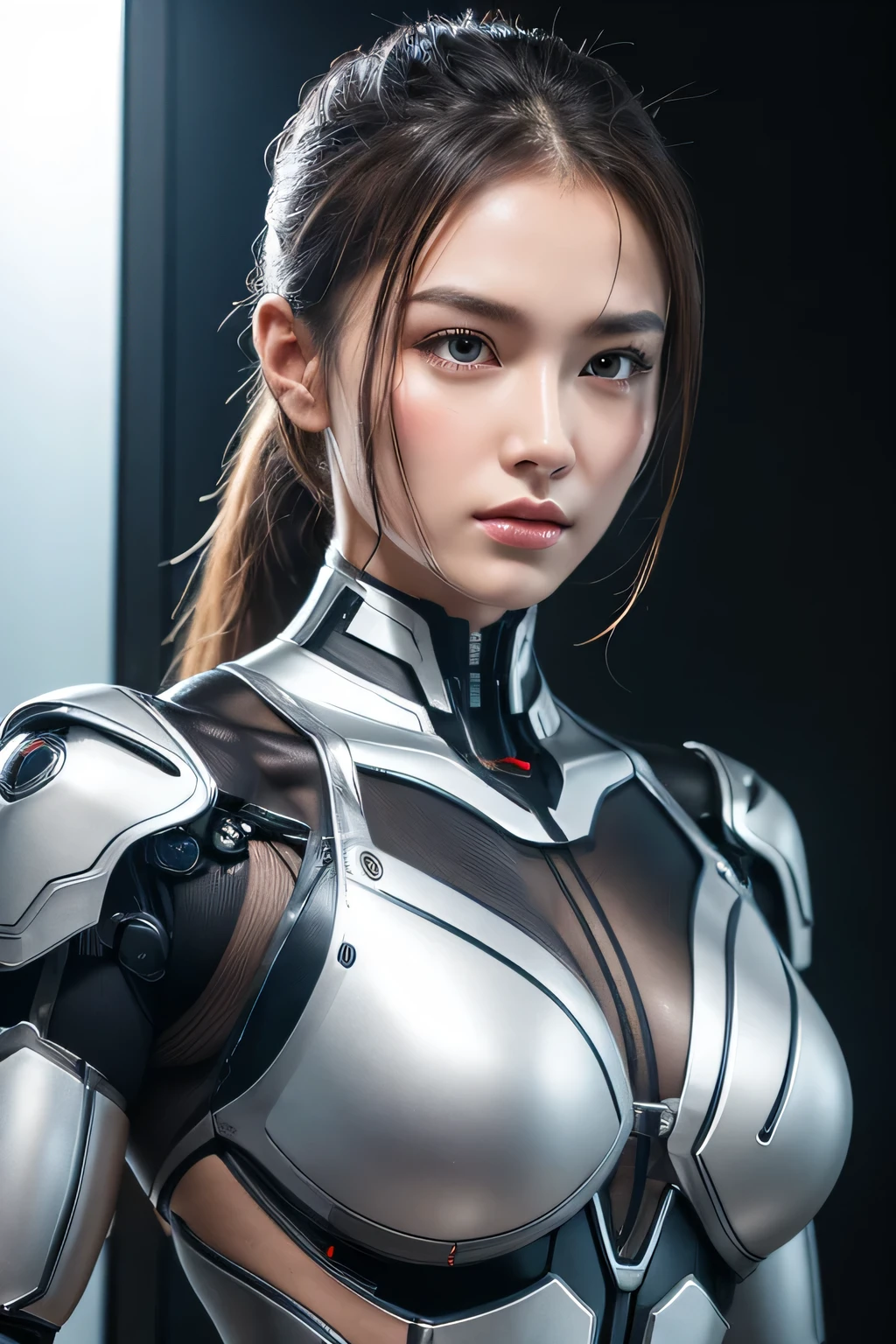 Top quality, masterpiece, tank armor muscular bodybuilder female, beautiful female robot with skin face, cyborg upper body, body covered with transparent acrylic body. face is skin. Tensile muscles, metal tendons, heart, line tubular blood vessels and nerves are visible.