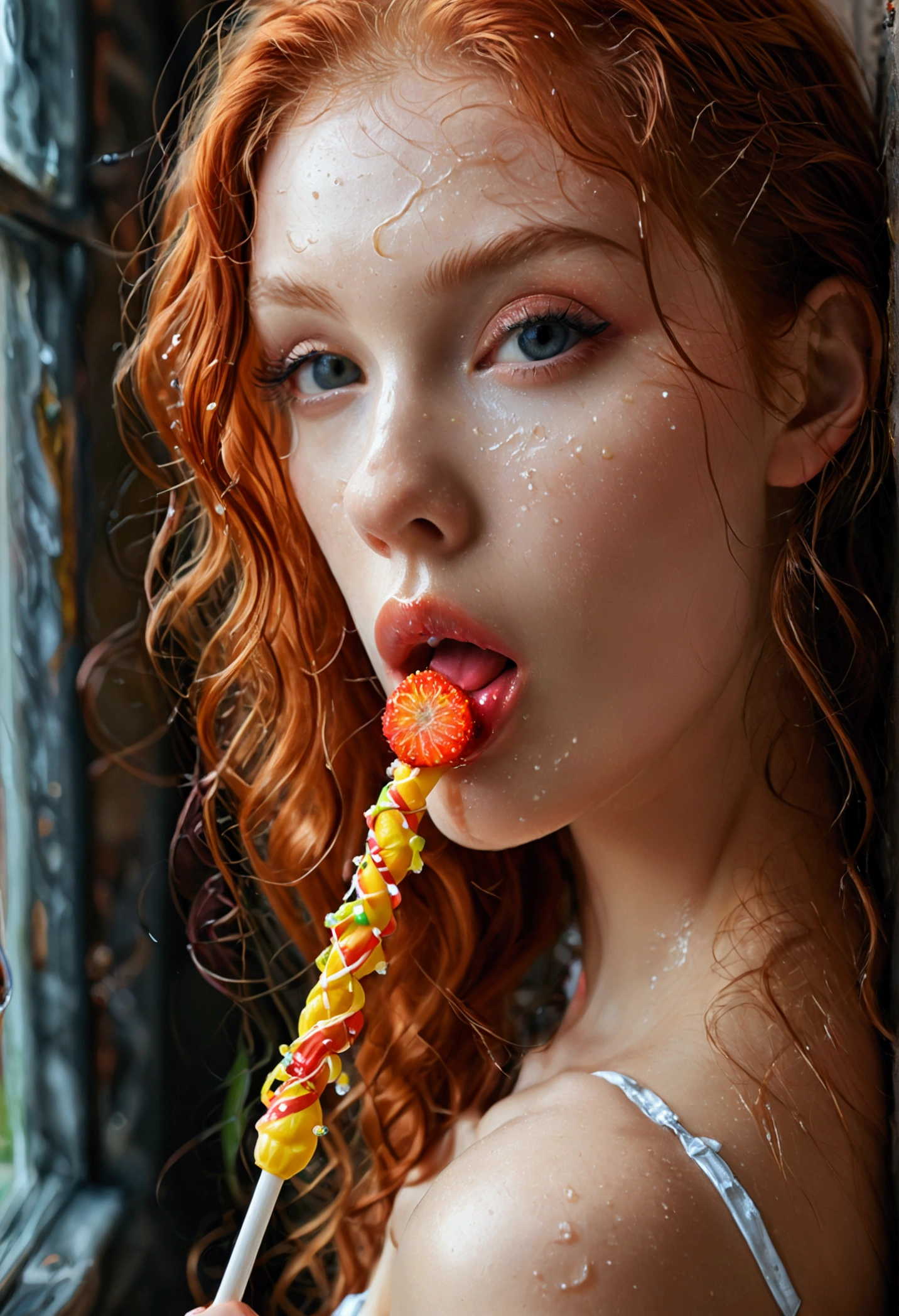ultra realistic, photography, portrait, upper torso, red haired girl, 20 years old, hourglass figure, perfect body, supermodel, long legs, her wet tongue licking a long spiral lollipop, seductive look, long eyelashes
