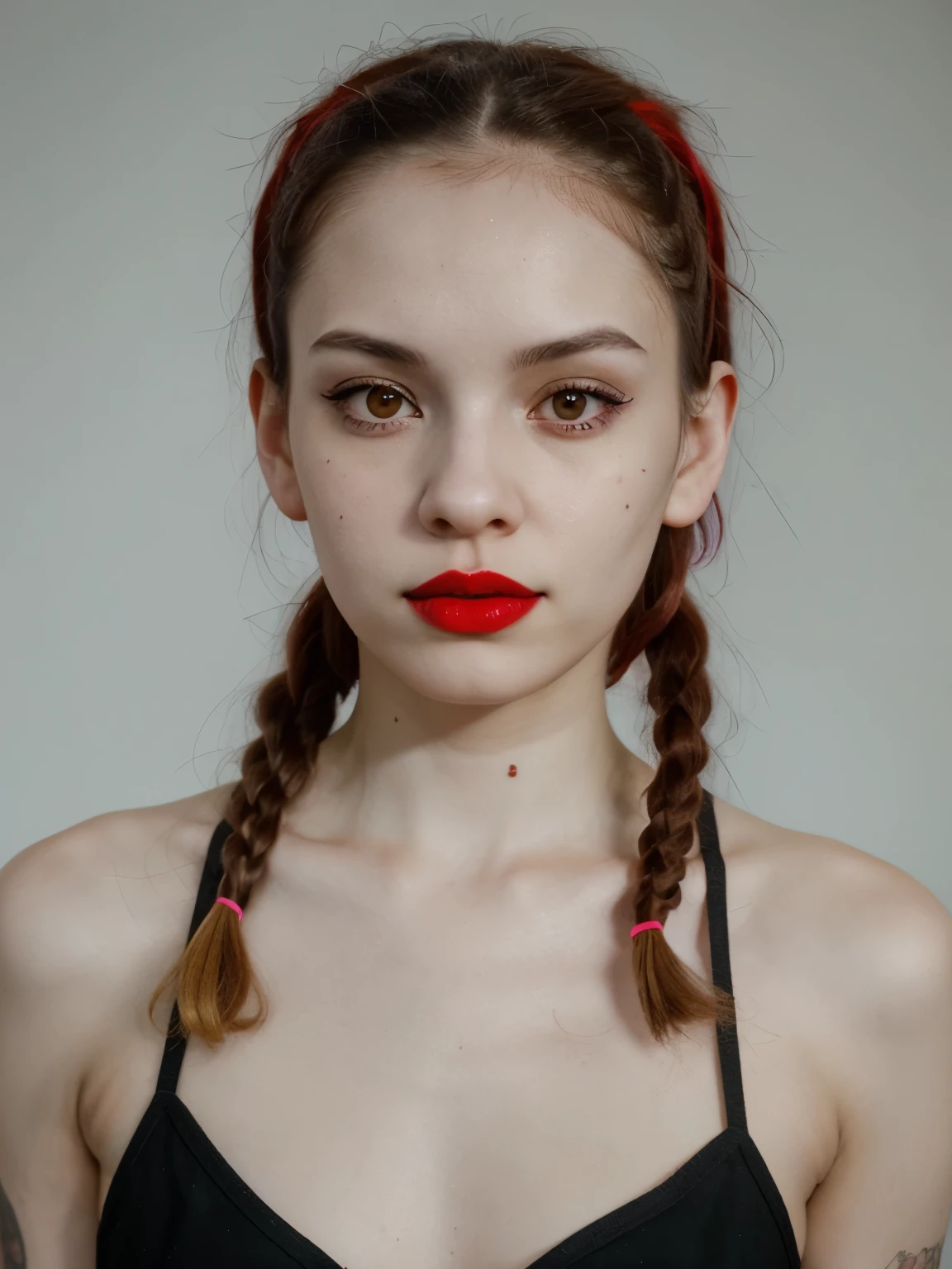 Perfect latin woman with long Pigtails in the style of hellcore, pale skin and light red lips