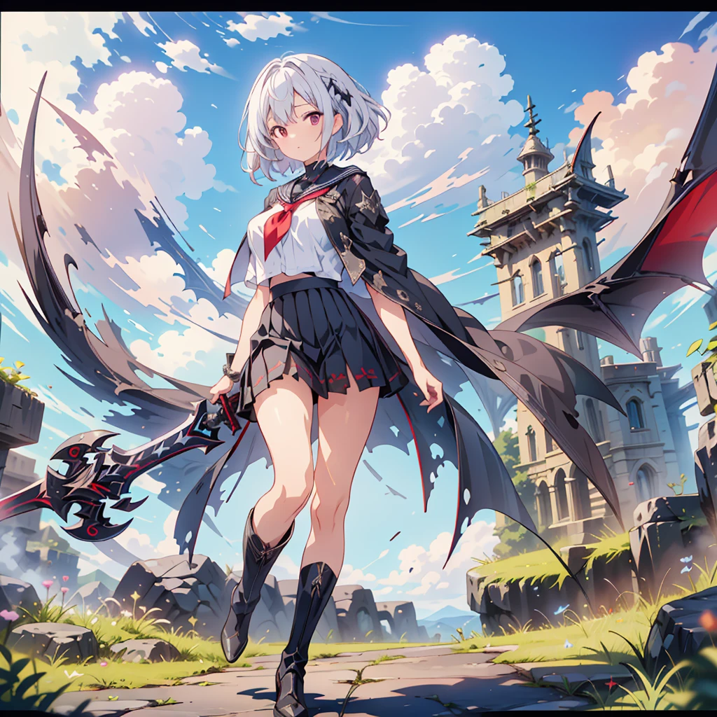 (masterpiece, Highest quality), (Thin Hair), 非常にdetailedな, Anime Style, whole body, alone, Black sailor suit and black pleated skirt, Vampire Hunter、Huge black and red sword、 She has blue and white hair and brown skin, and wears a tattered black cloak and a black and red skirt. 、High Boots,Floating in the blue sky, High heel boots, 8K high resolution, White Background, whole body,Super huge、detailed、dynamic、
