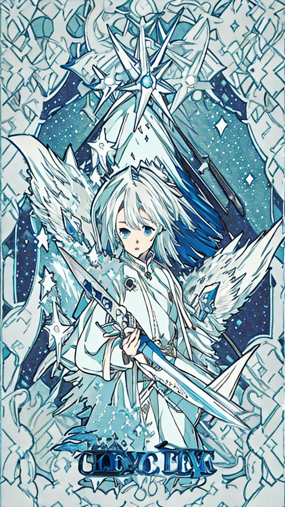 Blue eye, white hair, Ride a white dragon, soft, Blue star-shaped sword, star effect, fantasy, anime, girl