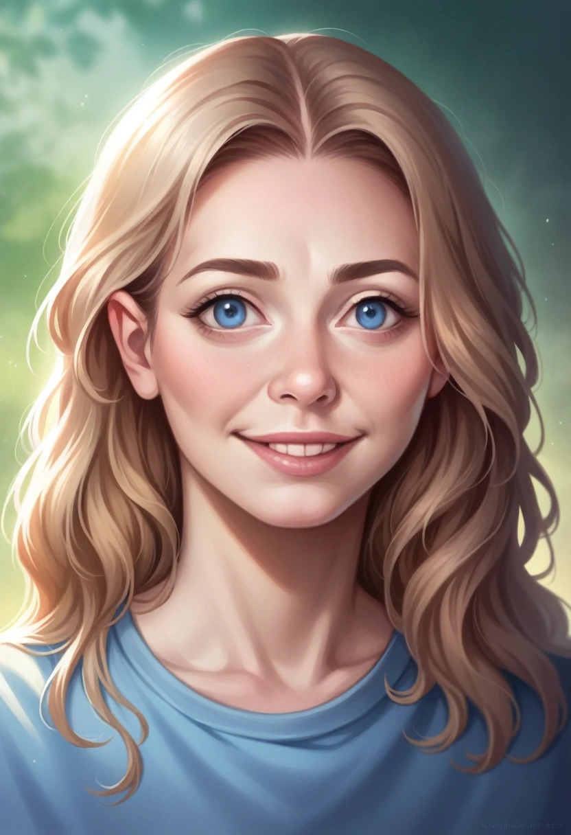 close-up portrait, realistic style, amazing quality, masterpiece, Best quality, amazing, light smiling cheerful woman with light brown hair, Hair neatly styled. The woman has fair hair, almond-shaped blue eyes, medium-sized, with well-defined eyelids. Oval shaped face with soft features, fair skin with even tone. Cheeks are slightly rounded with natural skin tone. Straight eyebrows of medium thickness, well defined and consistent with hair color. Nose straight, middle length, with a smooth transition to the tip. Medium full lips, natural pinkish tint, With a slight smile. Cinematic composition, very detailed, high budget, synoscope, epic. photorealistic, Eyes look straight at the camera, Atmospheric lighting, natural, shallow depth of field.