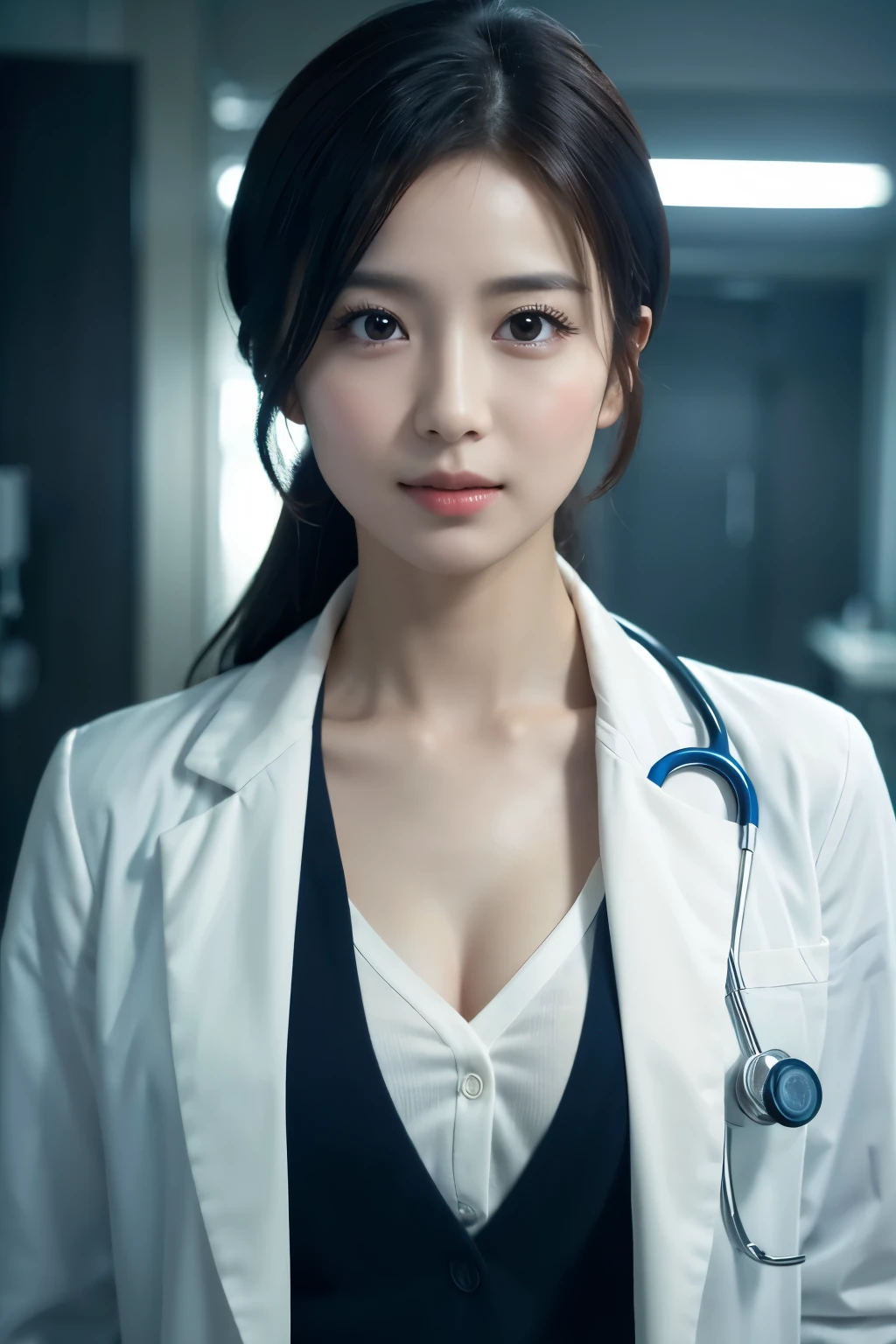 Doctor in a white coat, steadily gazing into a high-resolution, 8K camera with a professional, serious expression. The camera is carefully positioned, capturing every intricate detail of the doctor's face with movie light and soft focus, highlighting the sharpness of their features and the gentle glow of their skin. The background is blurred, drawing all attention to the doctor, who stands against a clean, sterile backdrop typical of a medical setting. A stethoscope hangs around their neck, adding to their professional demeanor. The scene is a masterpiece of realistic photography, with every detail meticulously captured and presented in a cinematic, captivating manner.