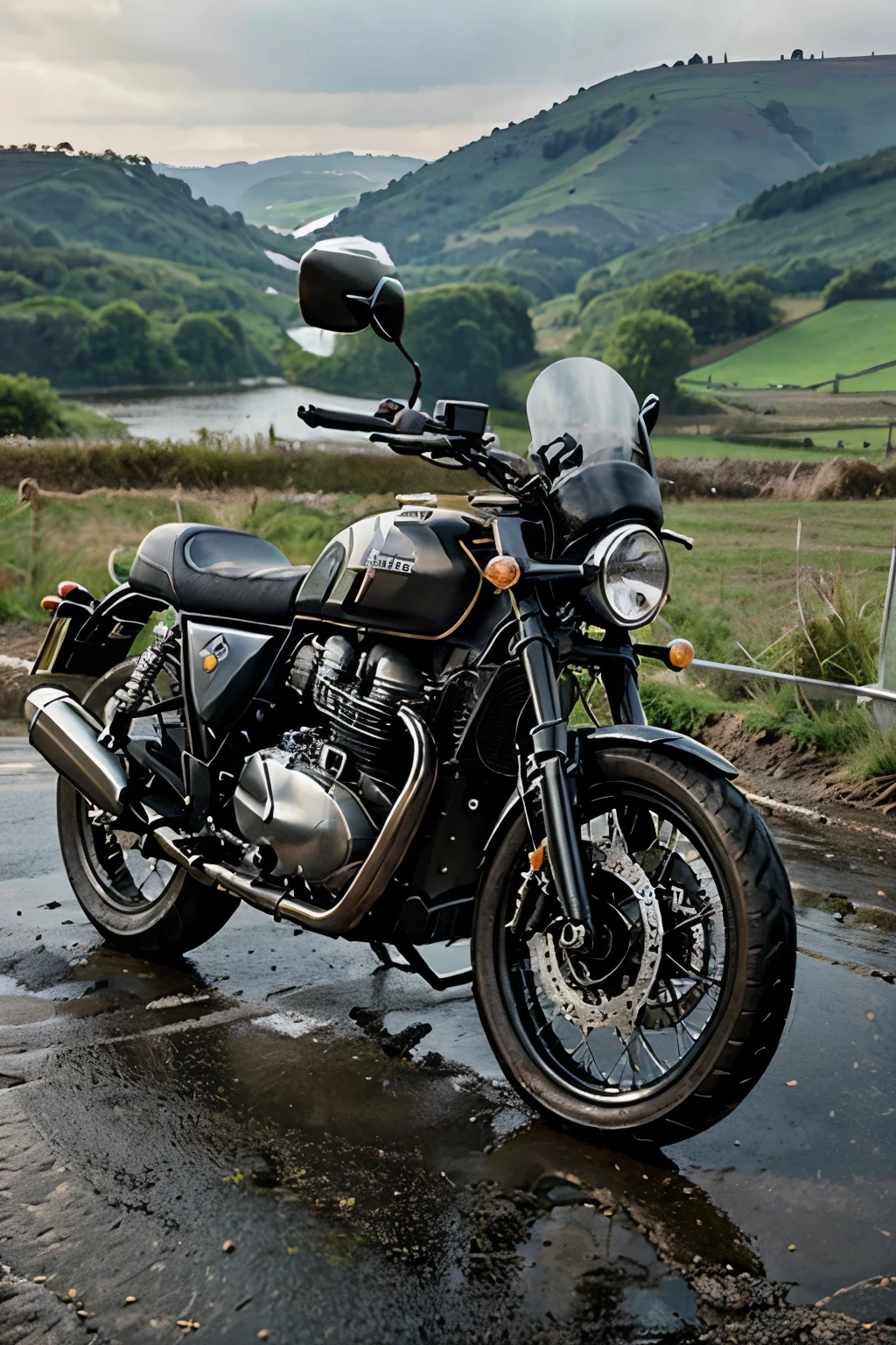 Royal Enfield Interceptor 650 motorcycle, model year 2024, Look all the way to the right., vintage, Touring Edtion, After the rain、English countryside landscape.