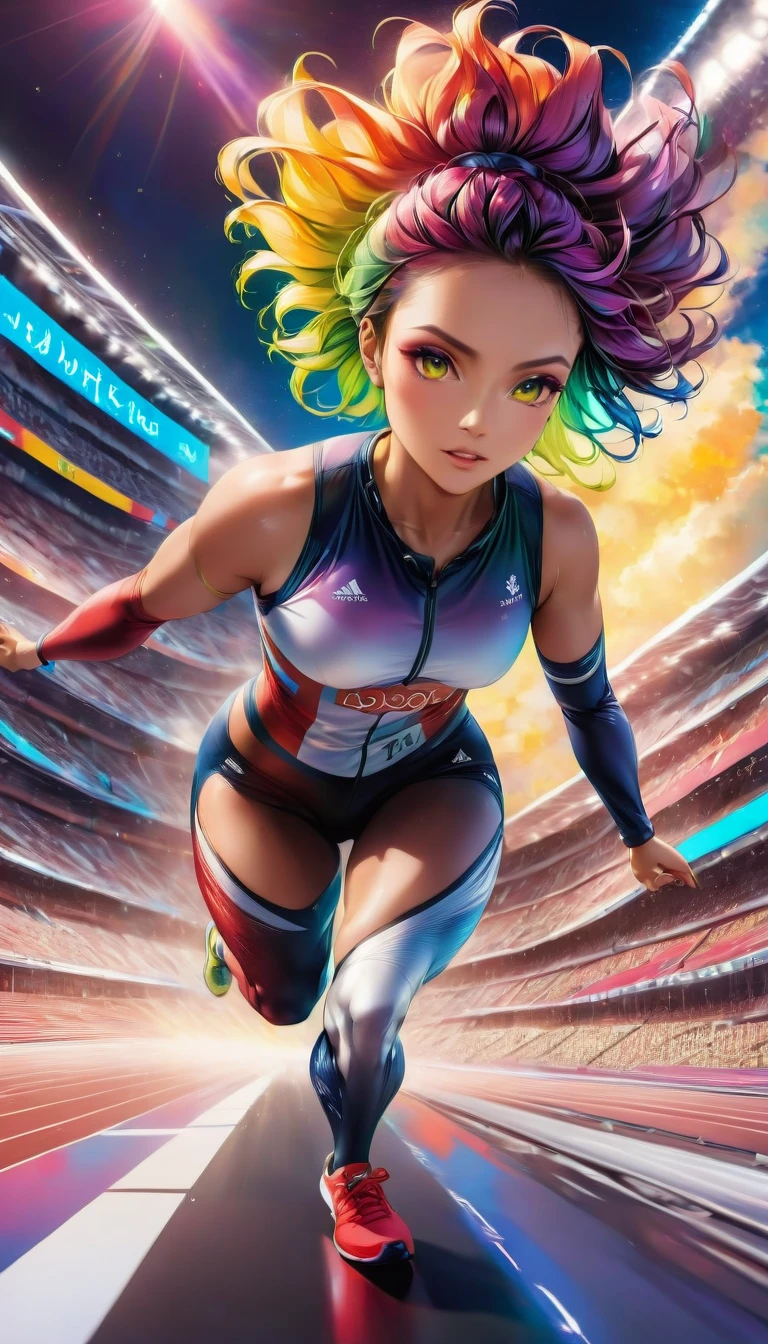 a  sports shot of a para Olympic game participant runner, (one of her legs) is mechanical prosthetic leg, a woman sports athlete, ((full body shot: 1.5)), ((anatomically correct: 1.5)) (ultra detailed face: 1.2), dynamic hair style, dynamic hair color, dynamic skin complexion, wearing track suit, sports shoes, running in the Olympics, she has (one mechanical leg), vibrant, Ultra-high resolution, High Contrast, (masterpiece:1.5), highest quality, Best aesthetics), best details, best quality, highres, 16k, [ultra detailed], masterpiece, best quality, (extremely detailed) RAW, photograph Cinematic Hollywood Film
