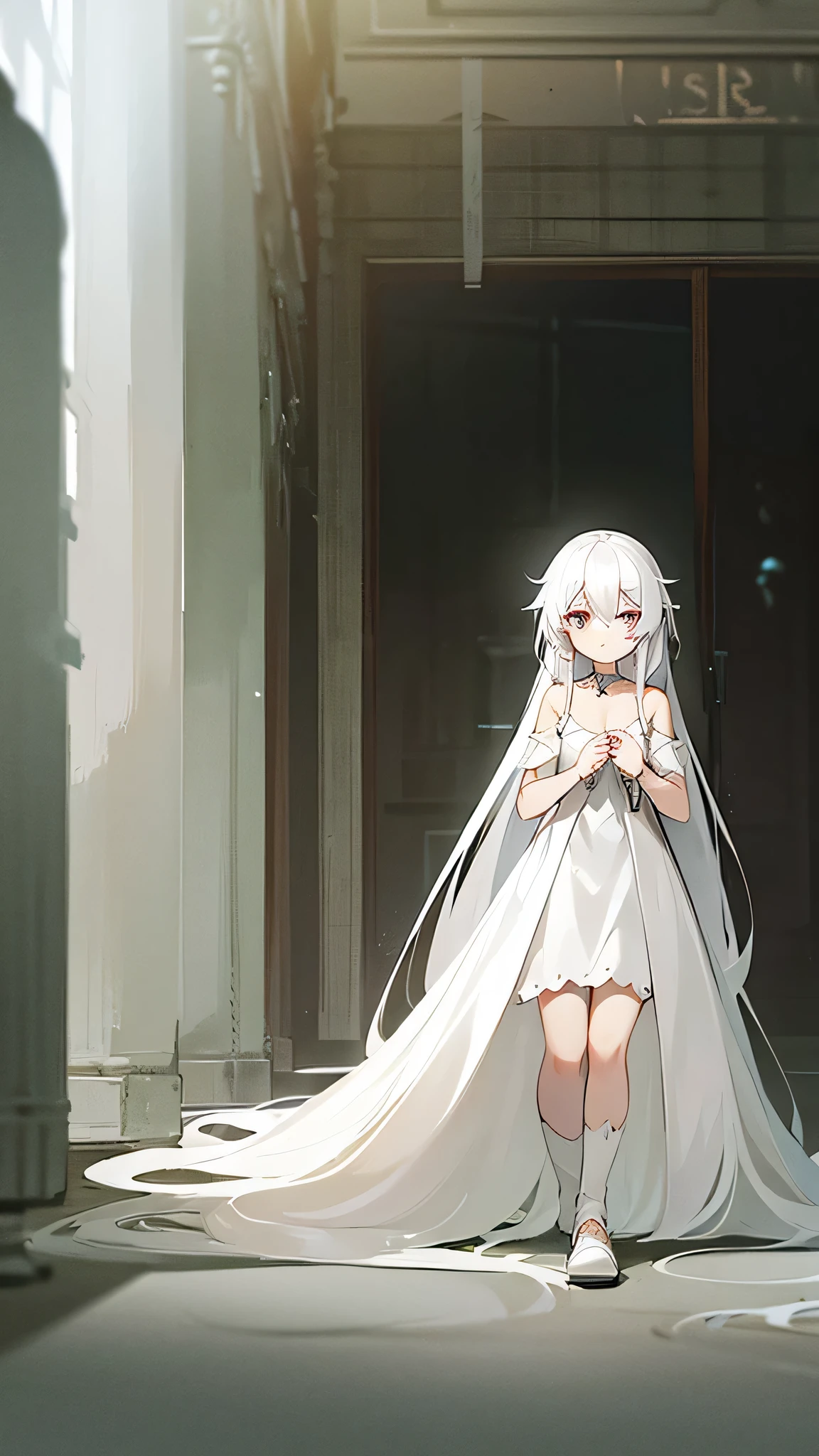 Long white hair　Silver Eyes　The right eye is hidden by hair　god々A beautiful white dress　Big feather　Lori