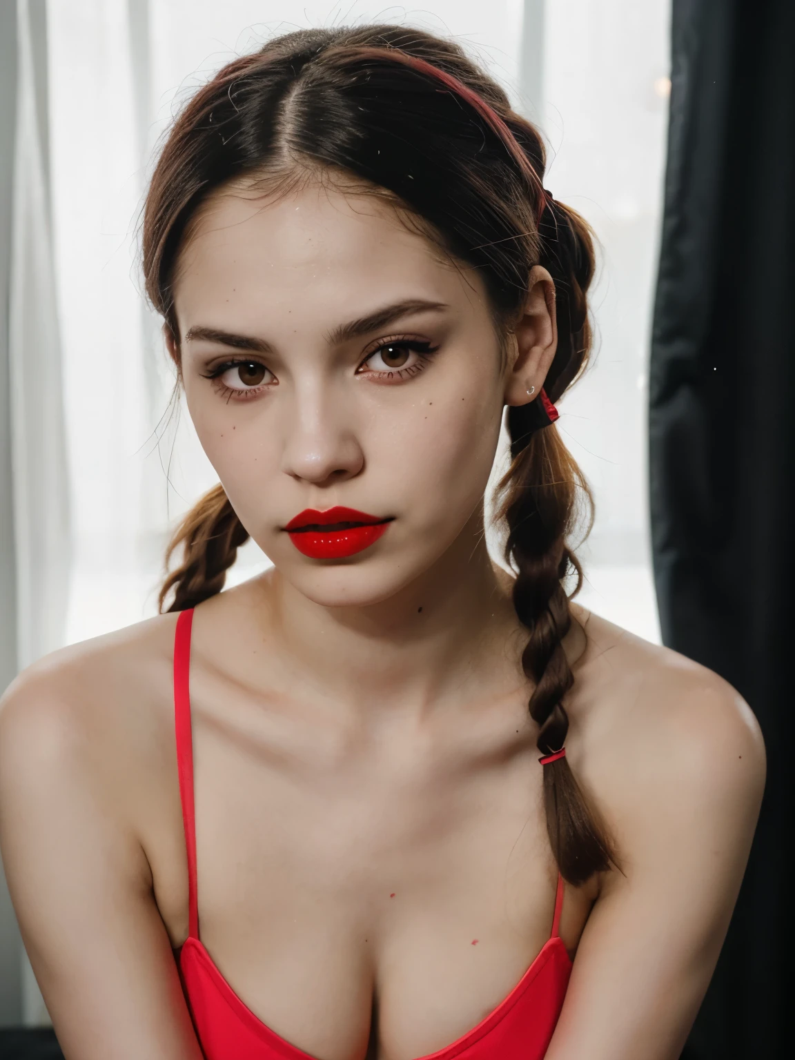 Perfect latin woman with long Pigtails in the style of hellcore, pale skin and light red lips