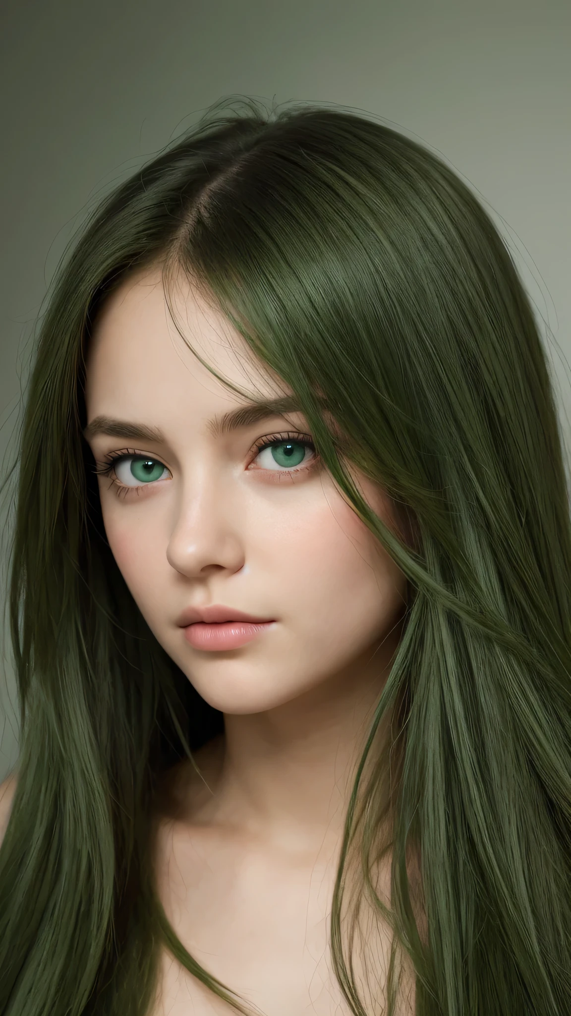a girl. face sent feeling. Europe. Oval face. long face. delicate facial features. sad eyes. seductively seductive. green eyes. long straight hair. green hair. messy hair.