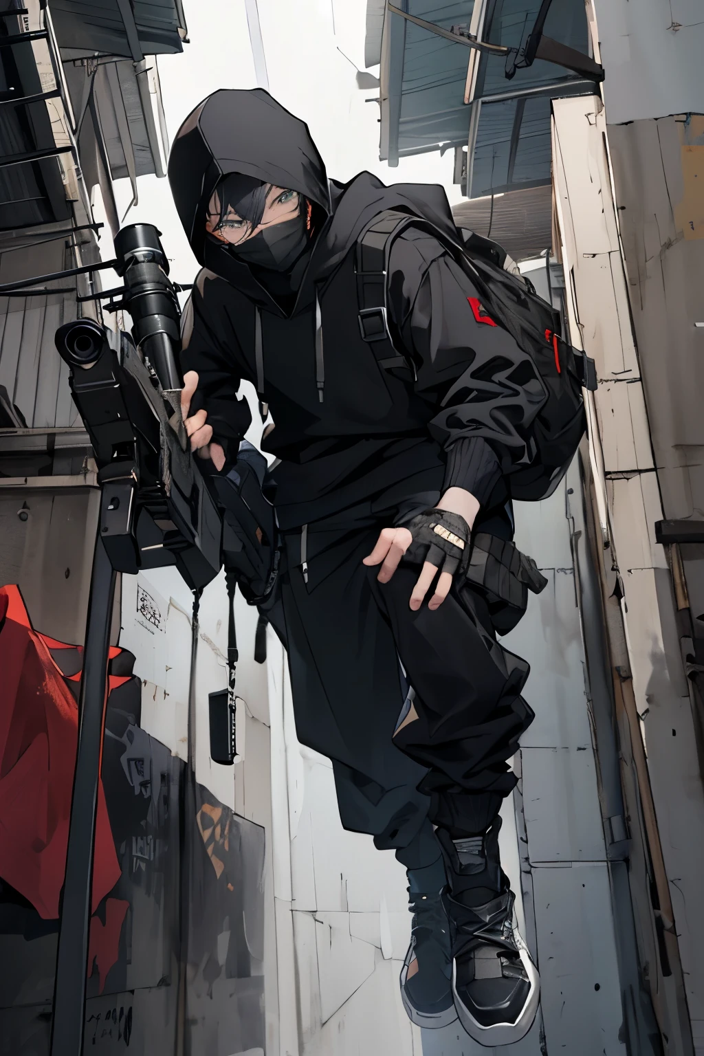 ((best quality)), ((masterpiece)), (detailed), The sniper (movie character), 1man(waering black hoody black suite and masker), male focus, solo, glowing, looking at the window, fingerless gloves, on the window at 13th floor, ready to shoots with his sniper riffles, positions standby to shoots