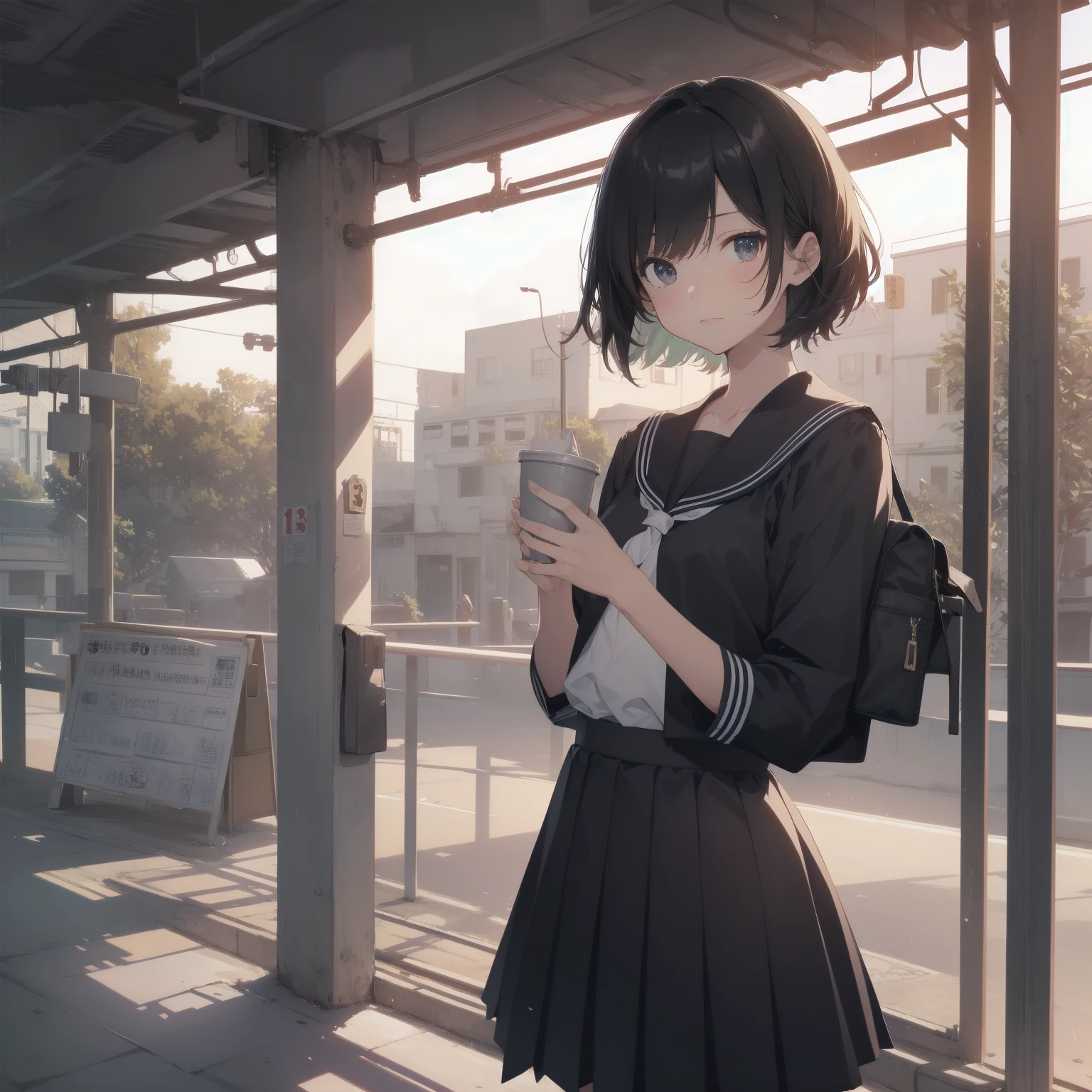 ultra-absurdres-Top quality by artist God, ultra-detailed, high resolution, anime moe artstyle, best anime 8k konachan wallpaper, pixiv contest winner, pool:2810, perfect anatomy,break, 1girl, (Please draw a girl walking sleepily to school alone. )break,(Solo,little female, 13-year-old:1.3),Full limbs, complete fingers,a junior high school student, (very short hair), short cut, flat chest, , small butt, small black eyes, beautiful detailed eyes, well-proportioned iris and pupils, expressive eyes, highres detailed hair, soft expression, salor school_uniform, sailor collar, serahuku, bow, pleated skirt,(Detailed Lighting), (Detailed background), in the School commute route. break,super detailed skin, Best cinematic lighting powered by famous artist, 8k,beauty illustration,photoshop_(medium),very aesthetic,break,((artist:zen_(kamuro) )), artist:clamp ,artist:carnelian ,artist:kantoku ,