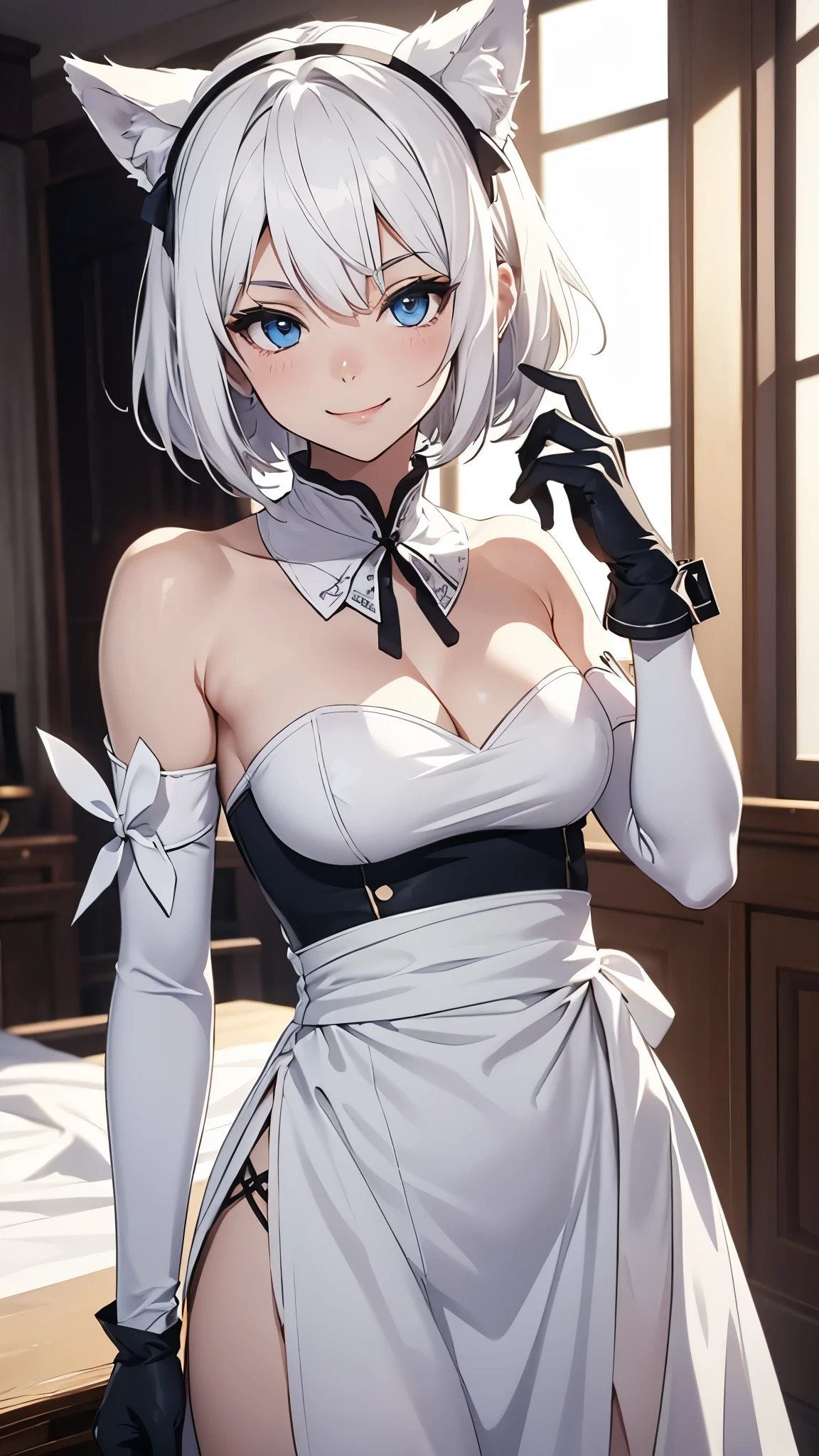 high resolution Best image quality 8K Adult females Anime style White long gloves(Elbow gloves) cuff White maid outfit(Strapless)stocking White wolf ears short hair((shortcut)(White hair)(Perm)(Fluffy)) blue eyes Charming face(Smile) Standing Wave