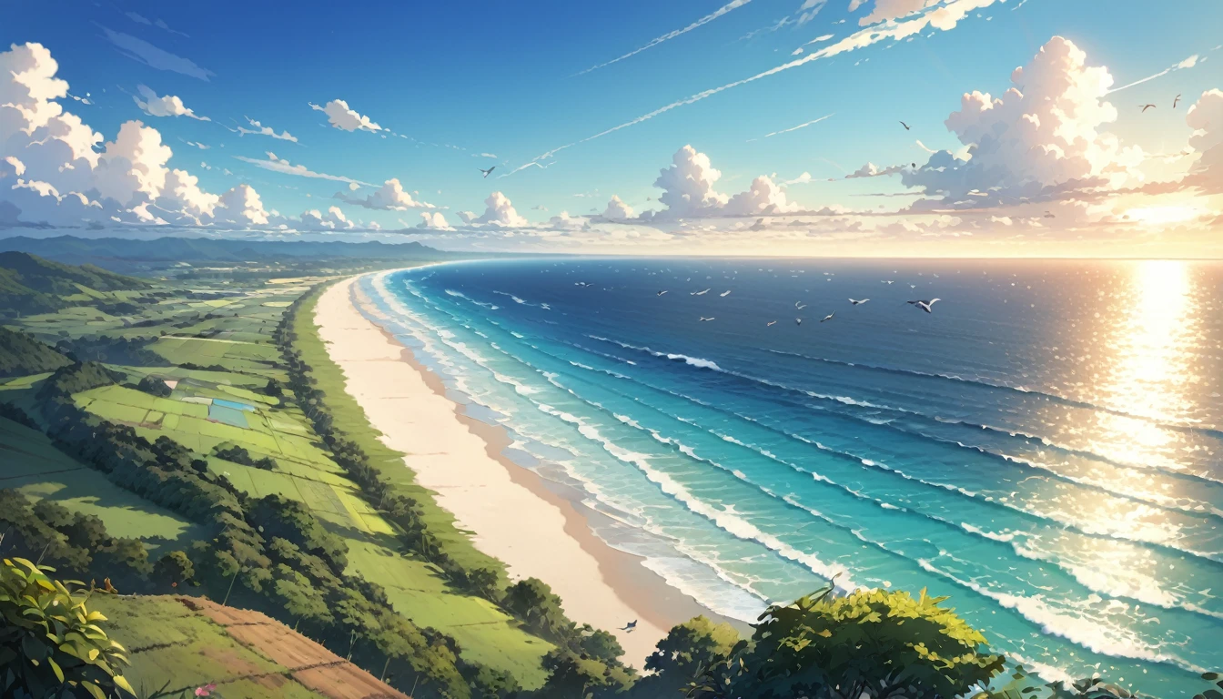 Azure sky, white clouds, birds in the distance, sea, surfboard, expansive view, distant horizon