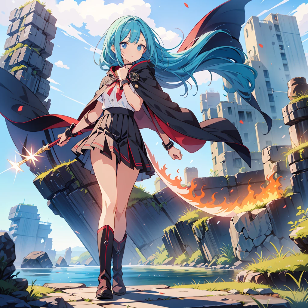 (Tabletop, Highest quality), (perfect athletic body: 1.2), (Thin Hair), Super Detailer, Anime Style, whole body, alone,Magical girl, Sea green twin hairstyles with blue eyes, Wearing a tattered black cloak and a black and red skirt, Wearing long boots, Burnt mechanical limbs, giant limbs, a burning hole in my chest, Standing in the Wilderness, 8K high resolution, White Background, whole body, Holding a giant magic wand in one hand, (（woman&#39;Blue Water&#39;Fist of））Bullish appearance