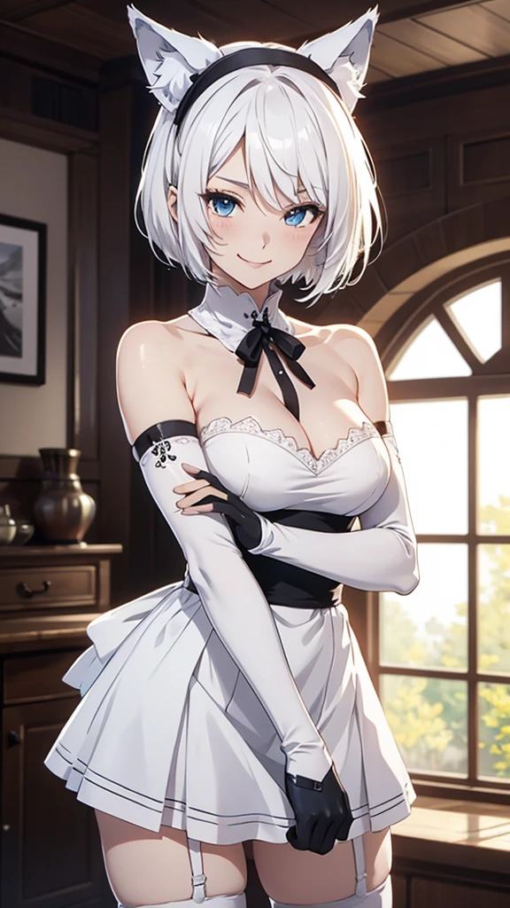 high resolution Best image quality 8K Adult females Anime style White long gloves(Elbow gloves) cuff White maid outfit(Strapless)stocking White wolf ears short hair((shortcut)(White hair)(Perm)(Fluffy)) blue eyes Charming face(Smile) Standing Wave