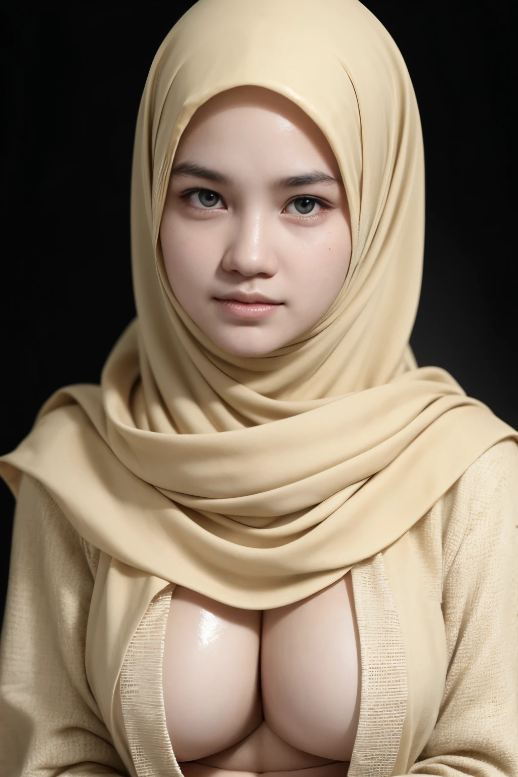 ((Yellow Lips)), Coats Medium body portrait, ((Hijab Stylish)), HALIMAH'S MOTHER IS 85 YEARS OLD HER BODY IS VERY FAT & NUDE AT A DARK NIGHT PLACE, Ultra High Res. realistic: 1.4, UHD, lace , very flat chest, half body portrait , skinny my body, view from side seductive pose , (old lady:1.3)